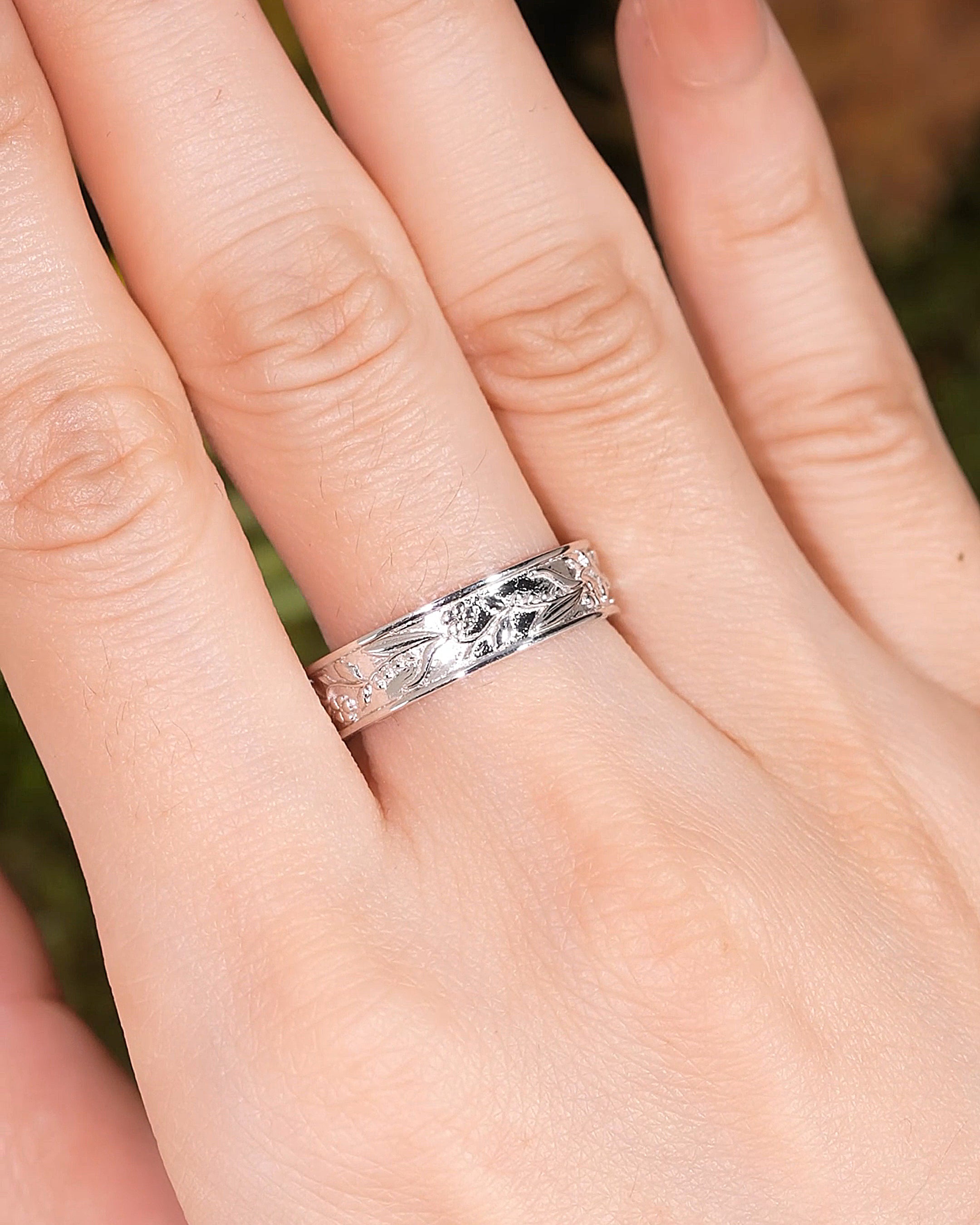 Flower Inspired | Violet and Lily Of The Valley Design Wedding Band Birth Flower White Gold Leaf Wedding Ring - LCCjewelry