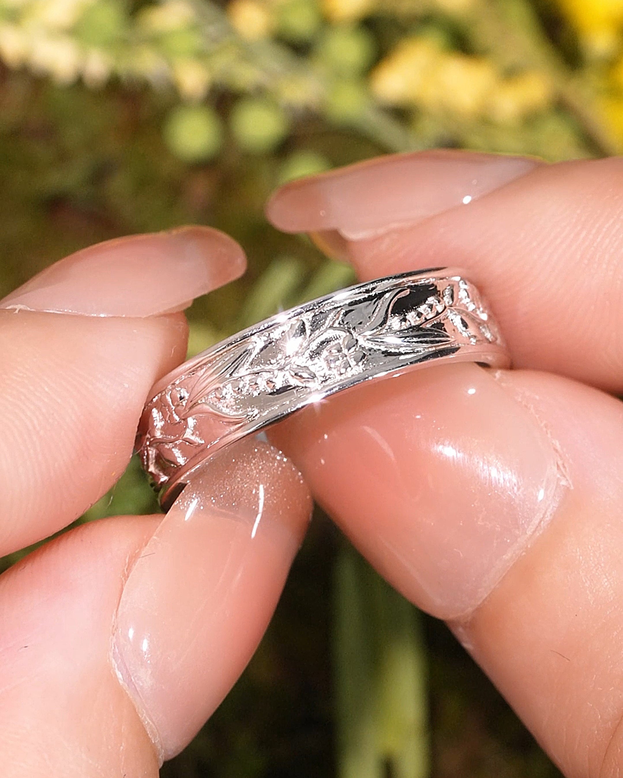 Flower Inspired | Violet and Lily Of The Valley Design Wedding Band Birth Flower White Gold Leaf Wedding Ring - LCCjewelry