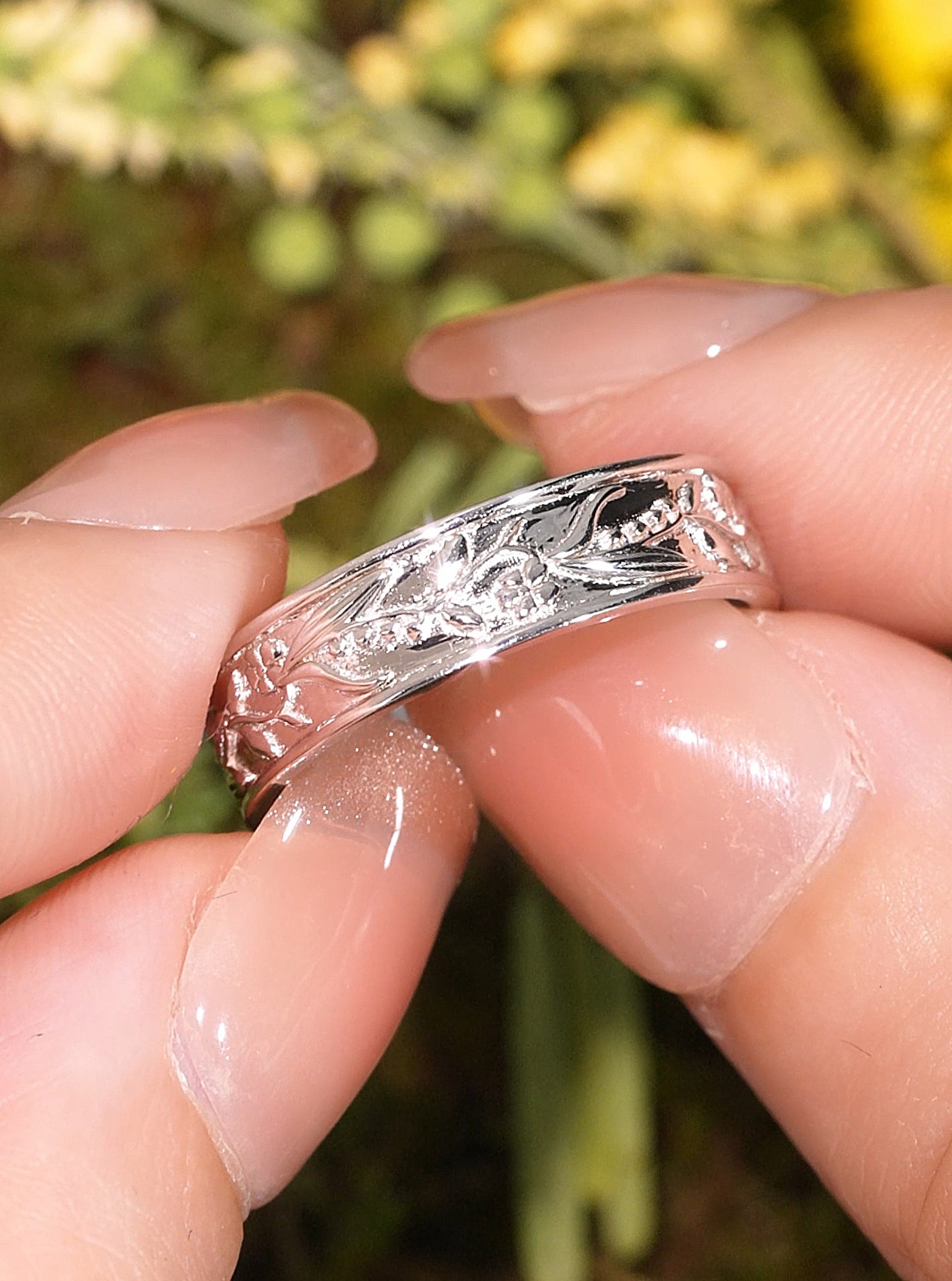 Flower Inspired | Violet and Lily Of The Valley Design Wedding Band Birth Flower White Gold Leaf Wedding Ring - LCCjewelry