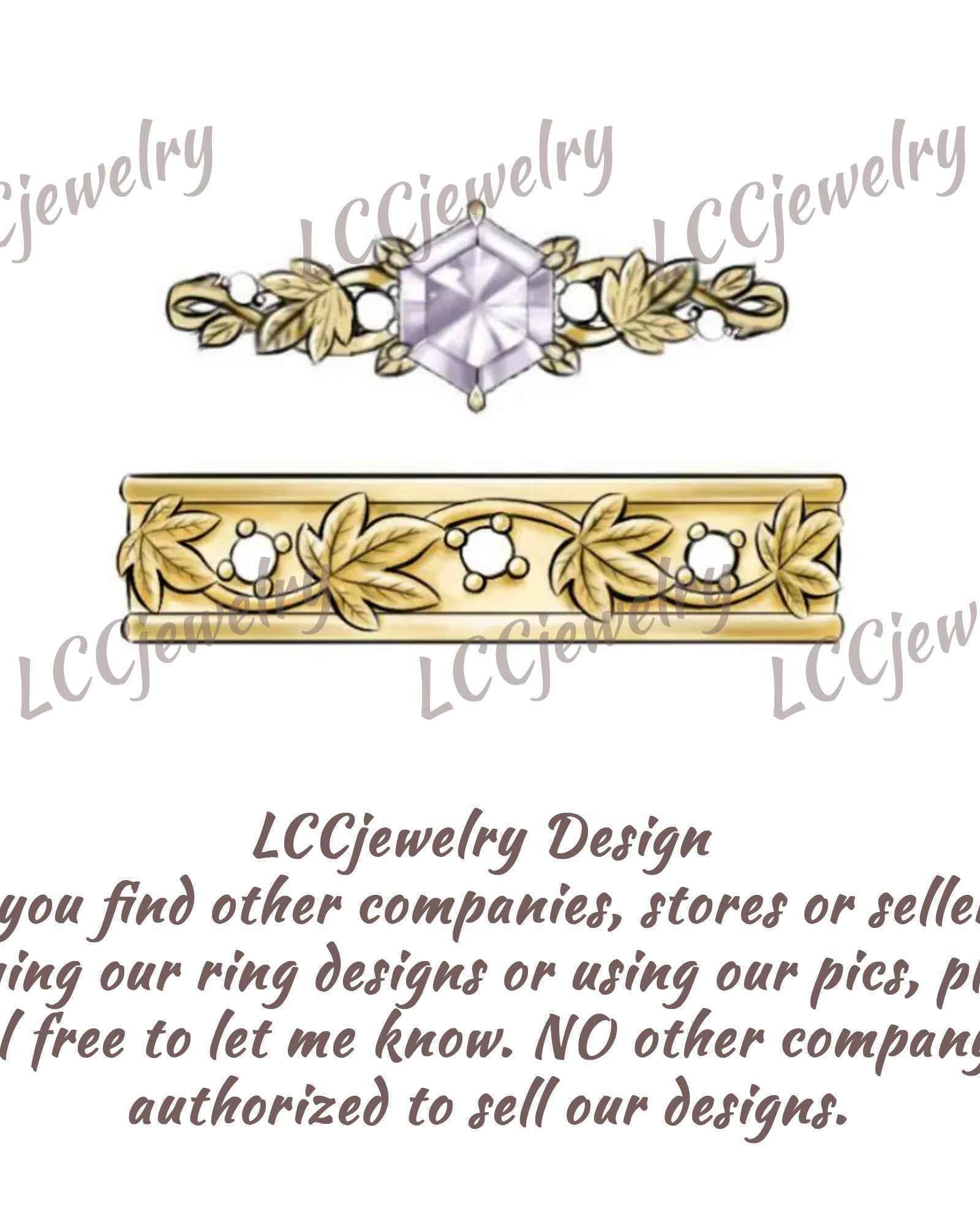 Leaf Inspired | Grape Leaf Hexagon Alexandrite Couple Rings Set 2pcs