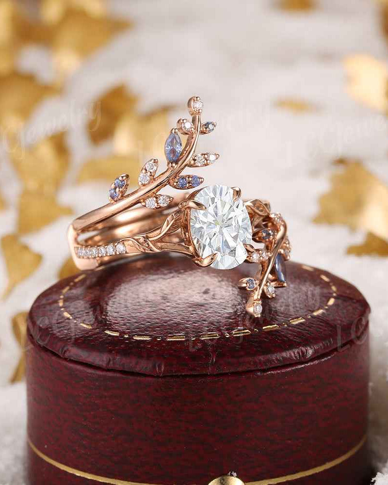 LCCjewelry | Natural inspired Oval Cut Moissanite Engagement Ring Set