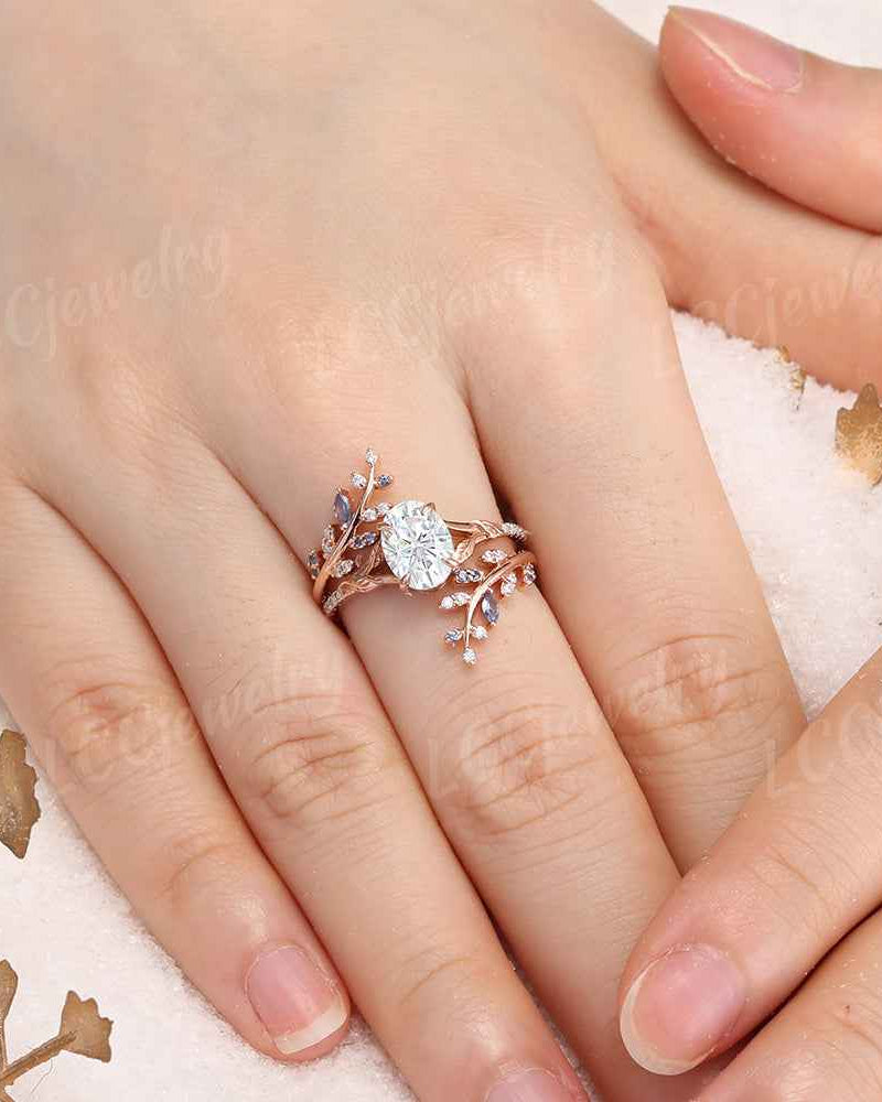LCCjewelry | Natural inspired Oval Cut Moissanite Engagement Ring Set