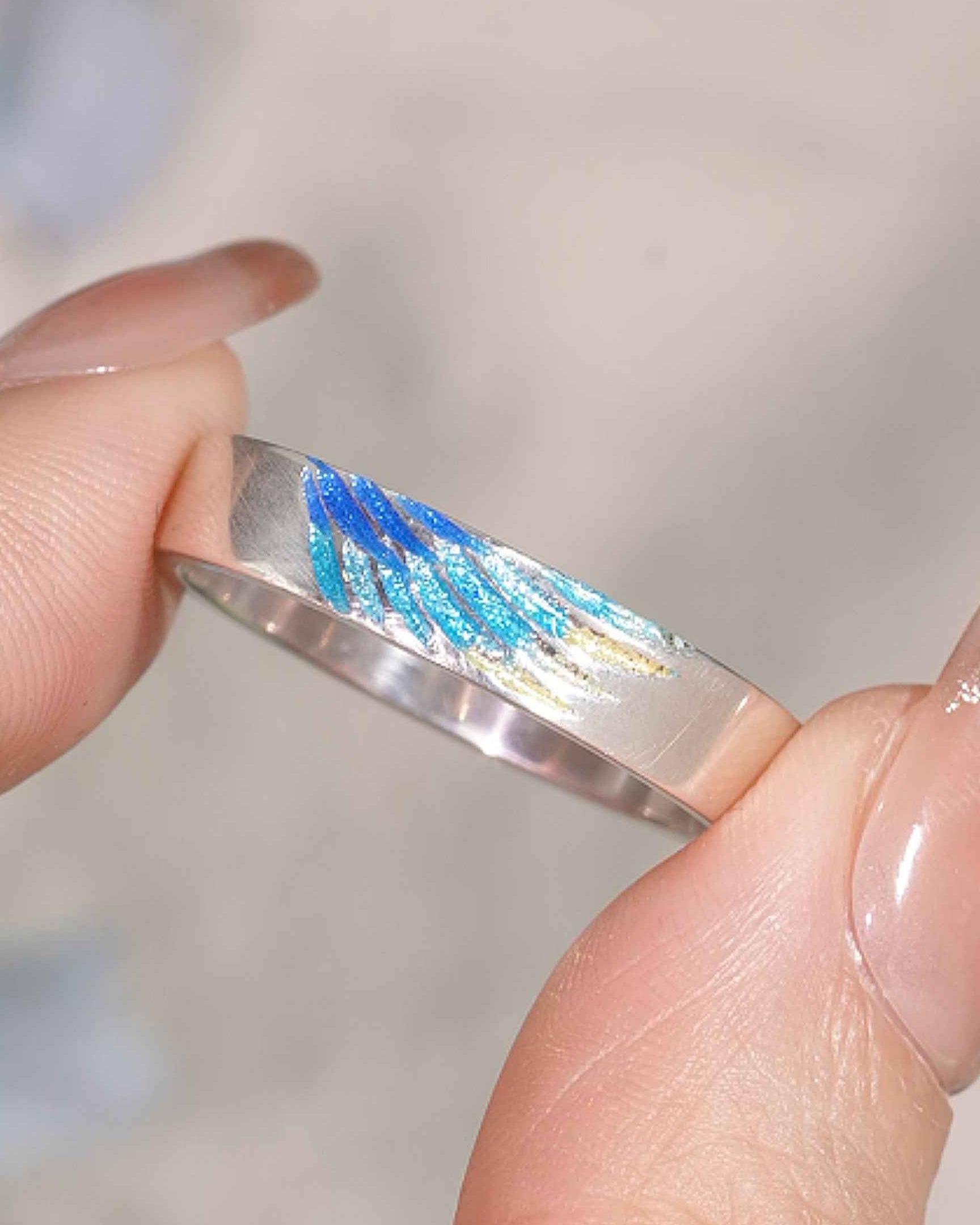 LCCjewelry | Unique Blue Feather Design Enamel Wedding Band
