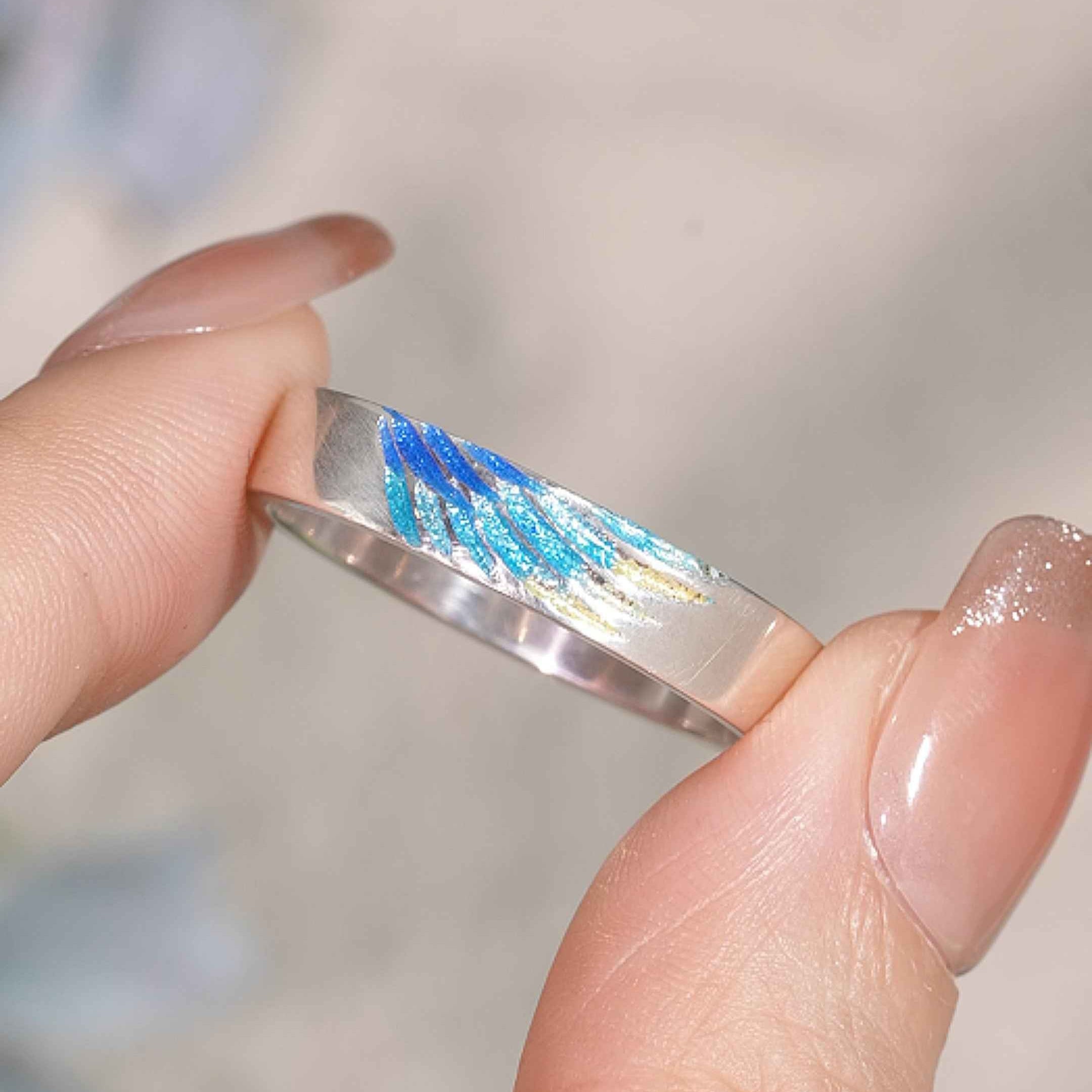 LCCjewelry | Unique Blue Feather Design Enamel Wedding Band