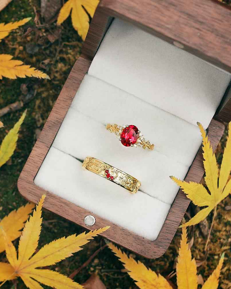 Leaf Inspired| Ruby Moon & Maple Leaf Couple Ring Set 2pcs