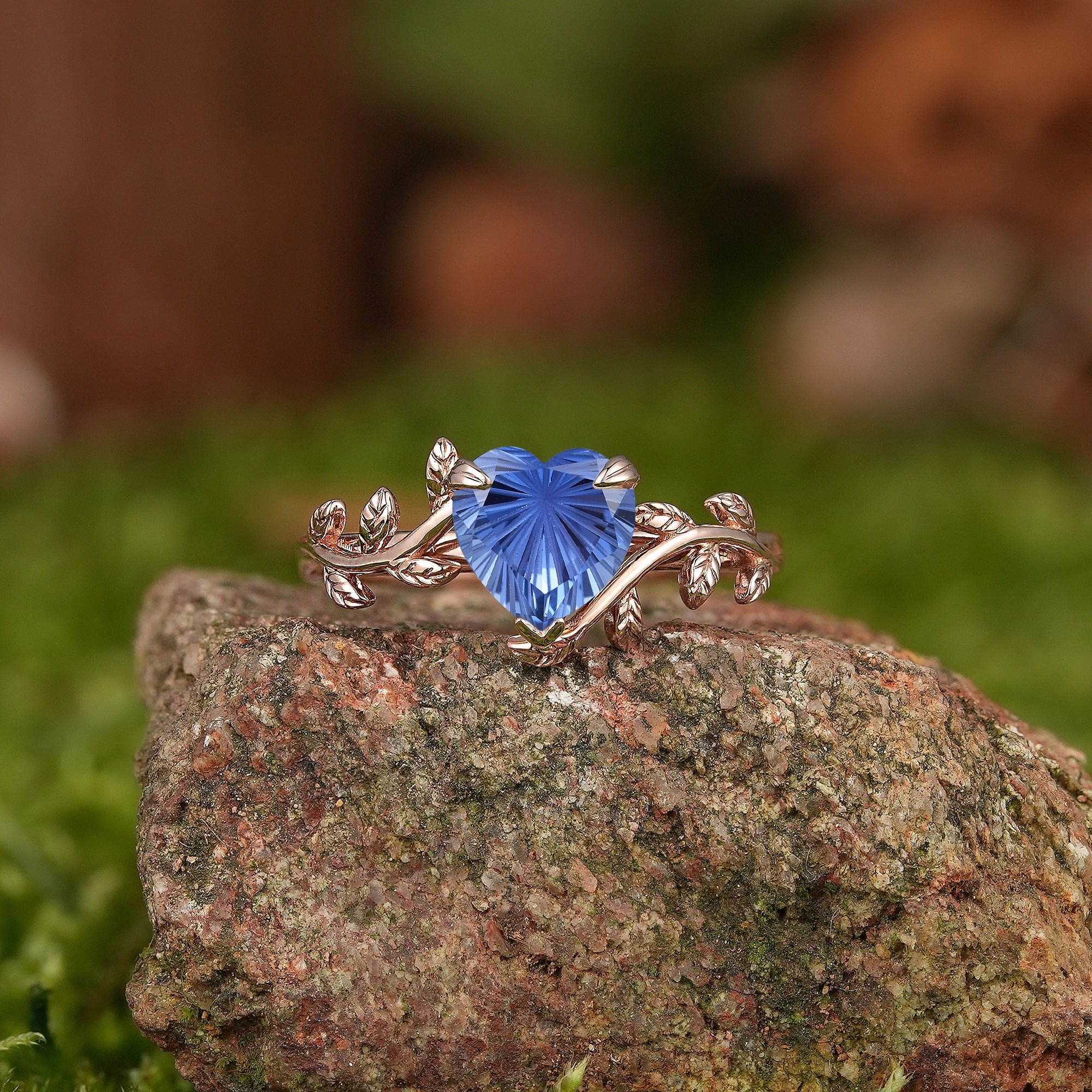 Leaf Inspired | Heart Fireworks Cut Sapphire Leaf Floral Engagement Ring - LCCjewelry