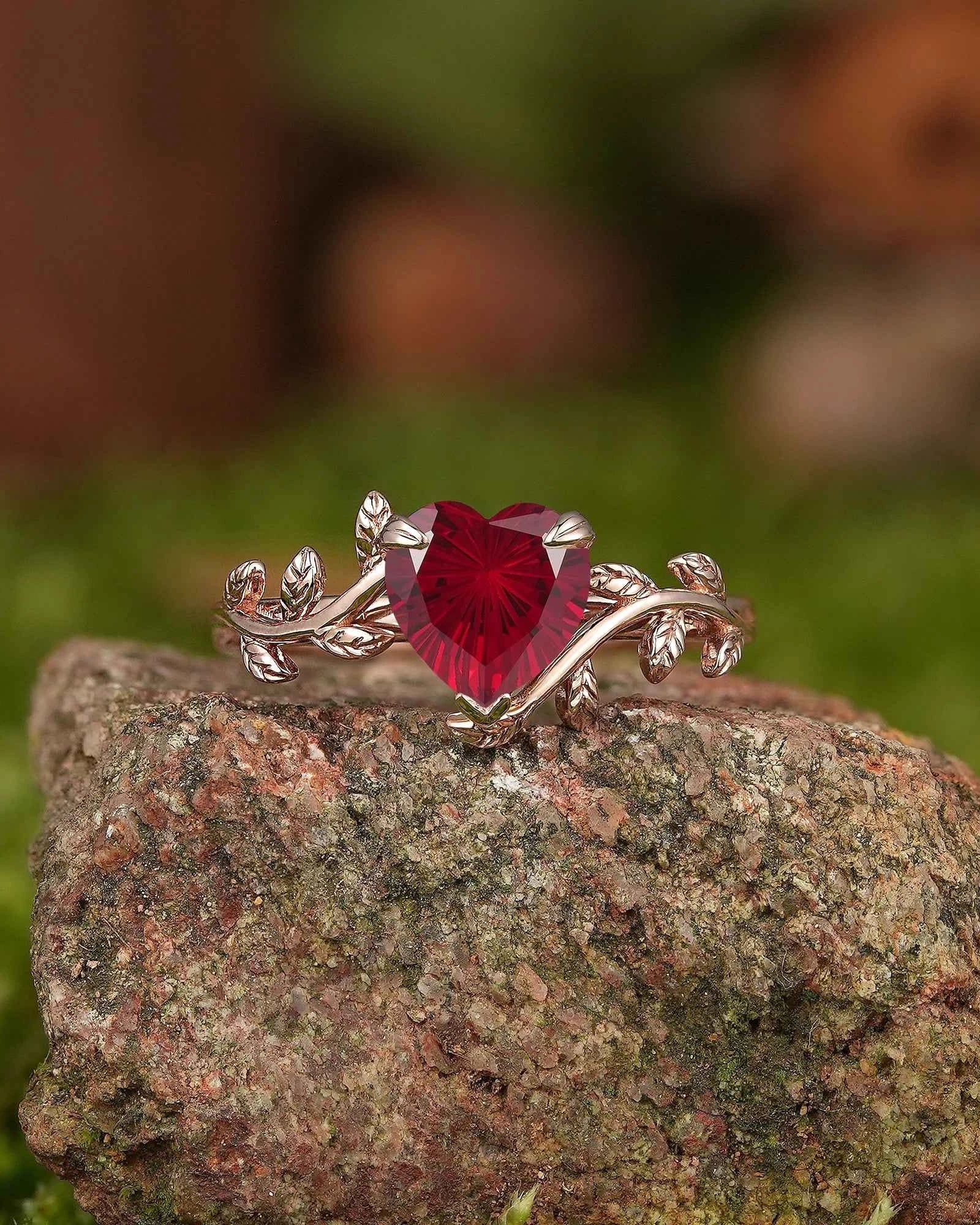 Leaf Inspired | Vintage Heart Cut Fireworks Ruby Engagement Ring
