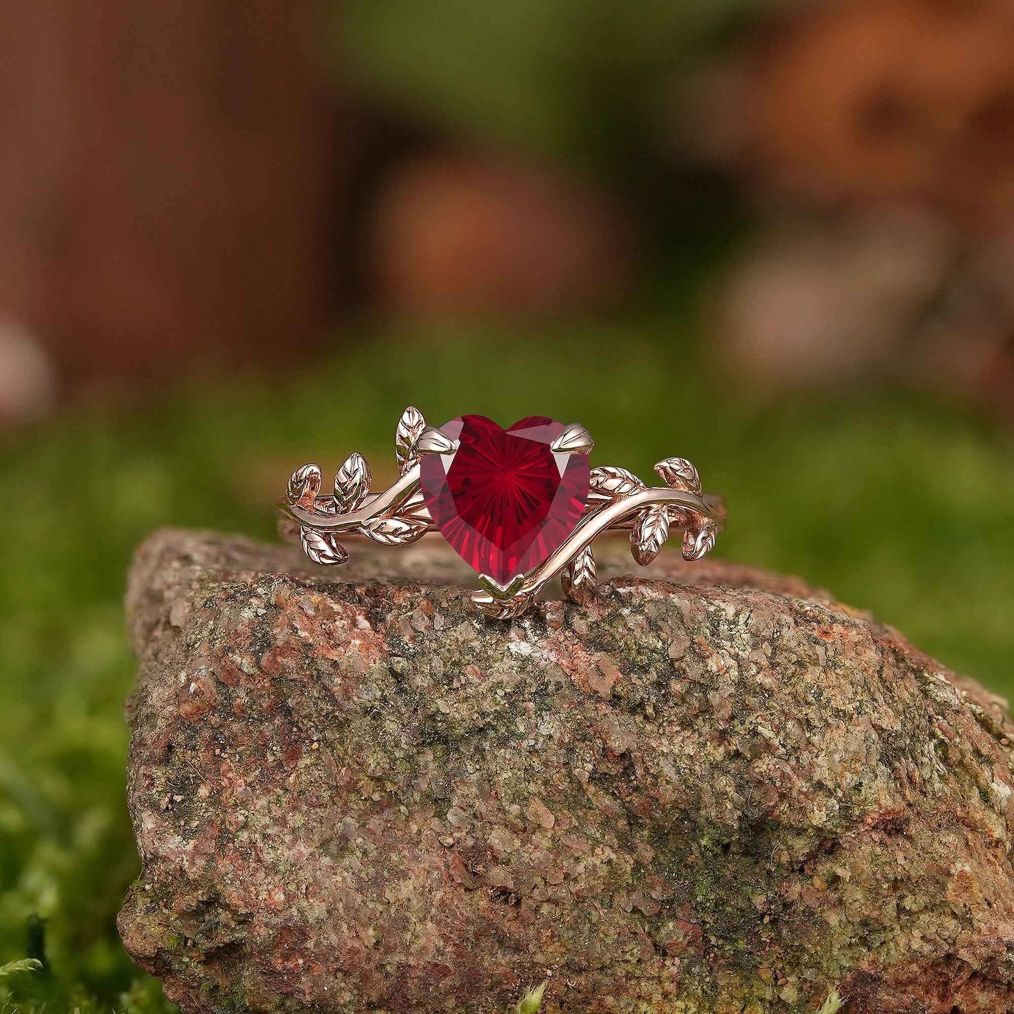 Leaf Inspired | Vintage Heart Cut Fireworks Ruby Engagement Ring