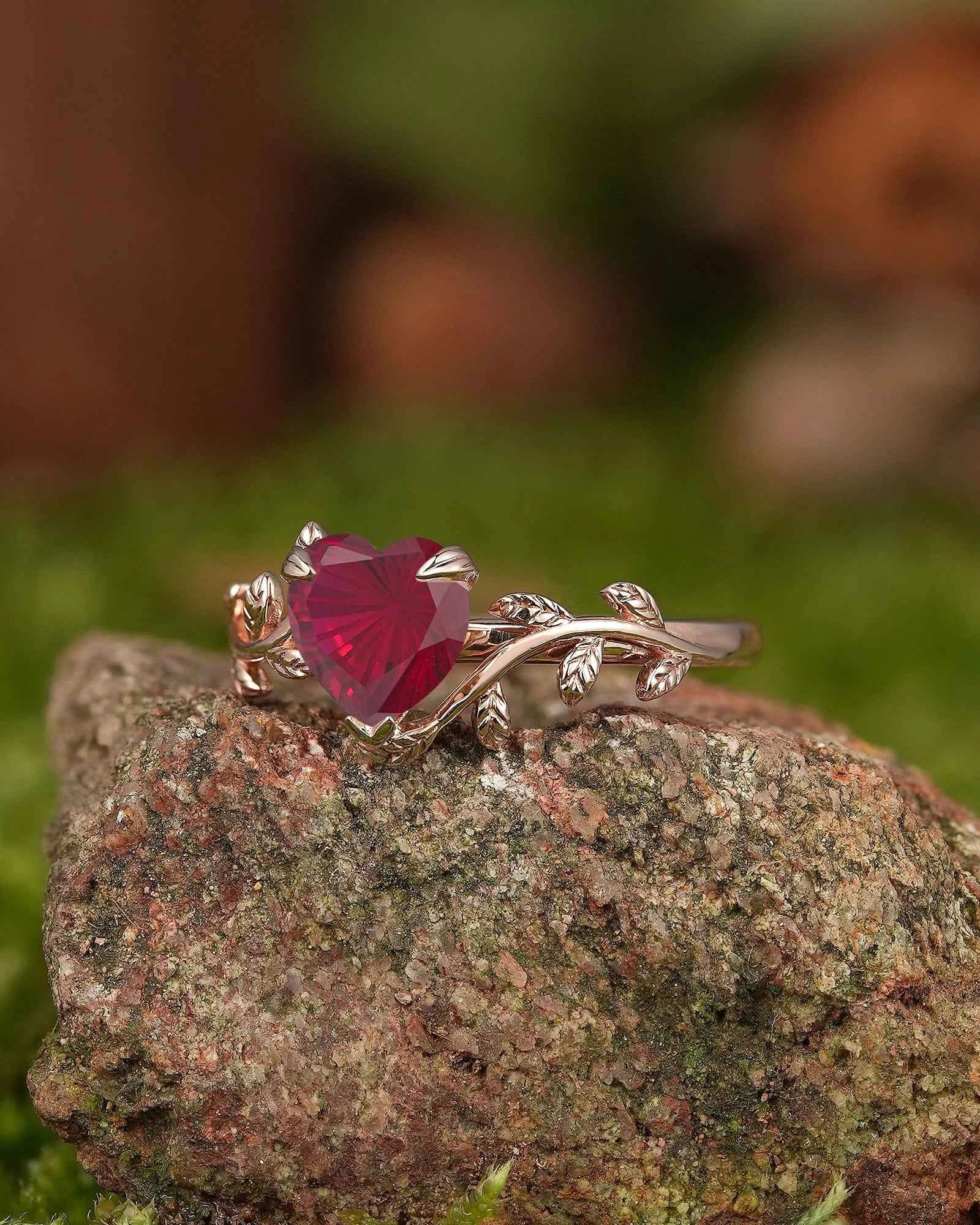 Leaf Inspired | Vintage Heart Cut Fireworks Ruby Engagement Ring