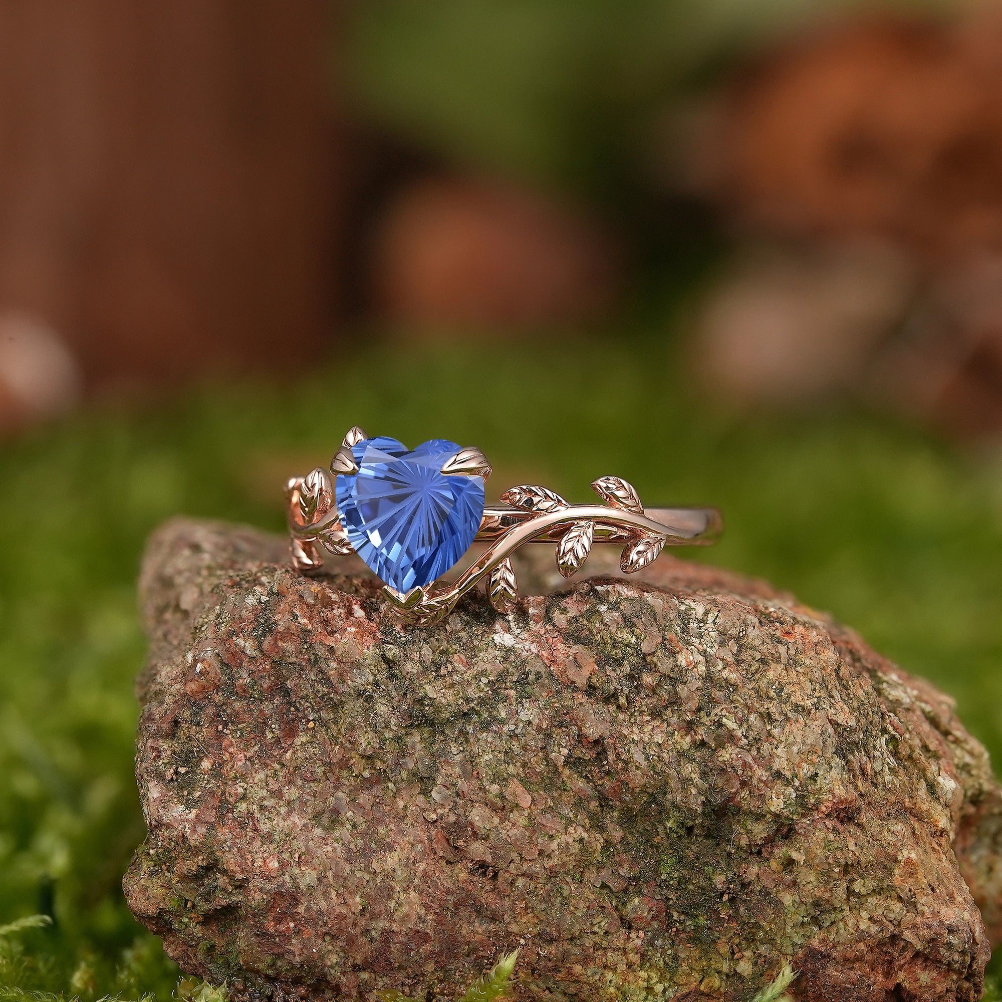 Leaf Inspired | Heart Fireworks Cut Sapphire Leaf Floral Engagement Ring - LCCjewelry