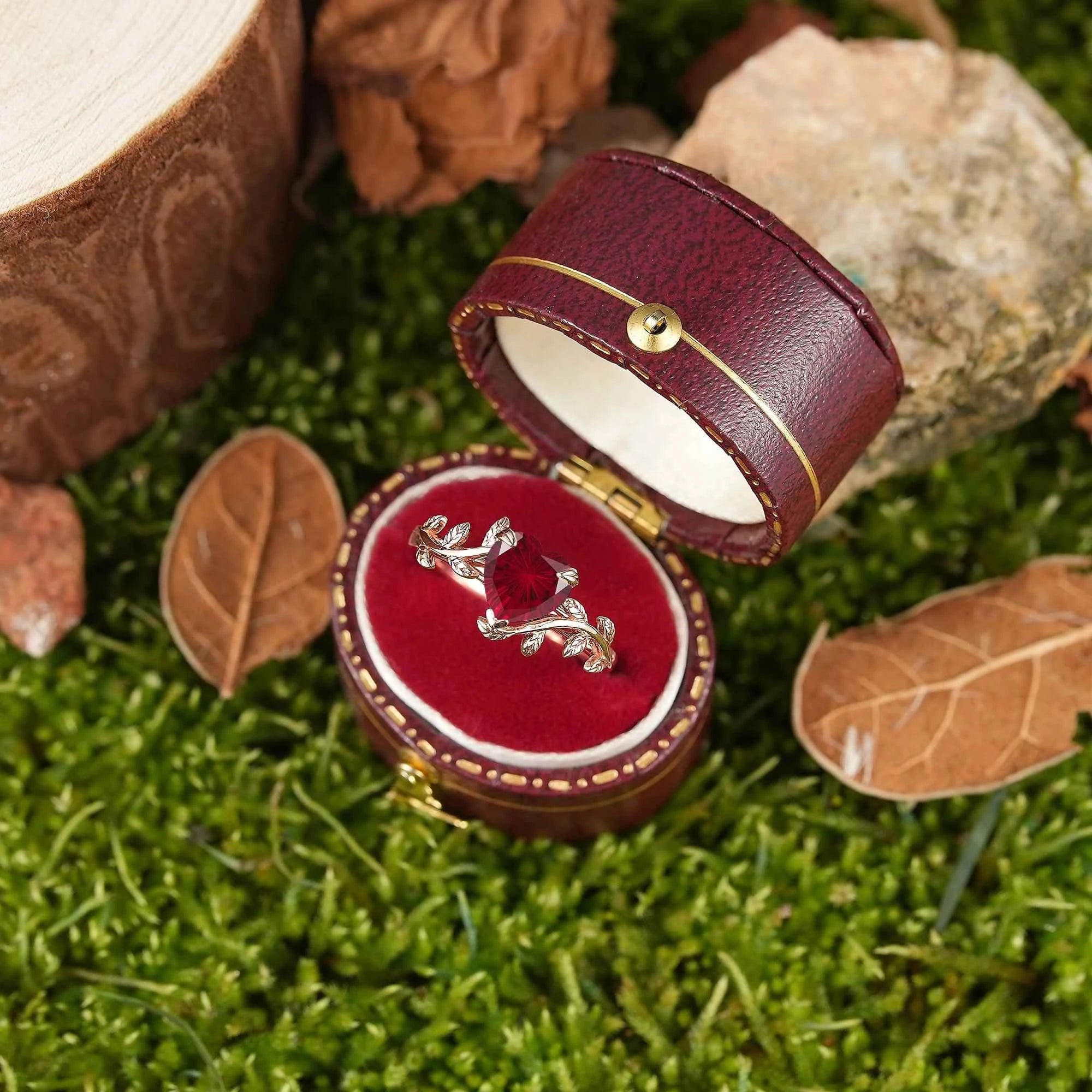 Leaf Inspired | Vintage Heart Cut Fireworks Ruby Engagement Ring