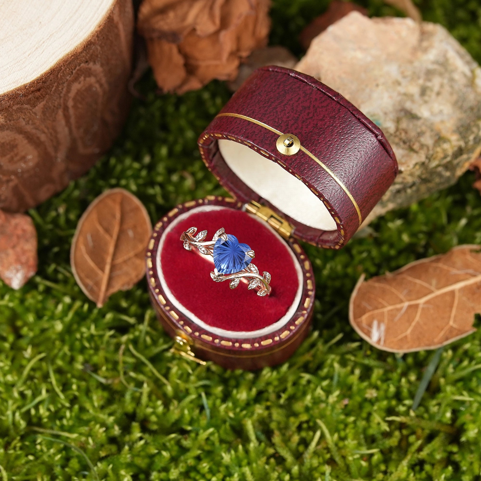 Leaf Inspired | Heart Fireworks Cut Sapphire Leaf Floral Engagement Ring - LCCjewelry