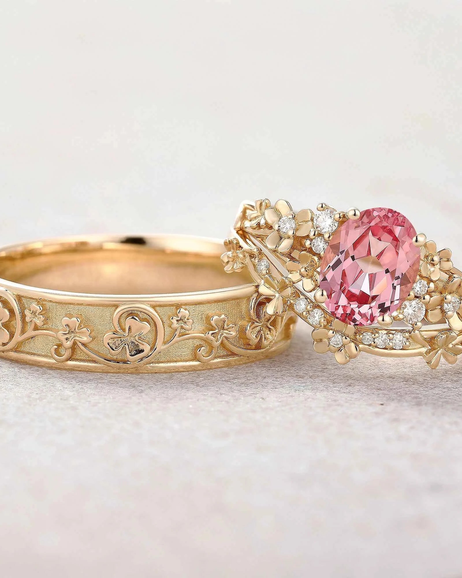 Floral Inspired | 3pcs Poppy Design Ruby Couple Rings Set