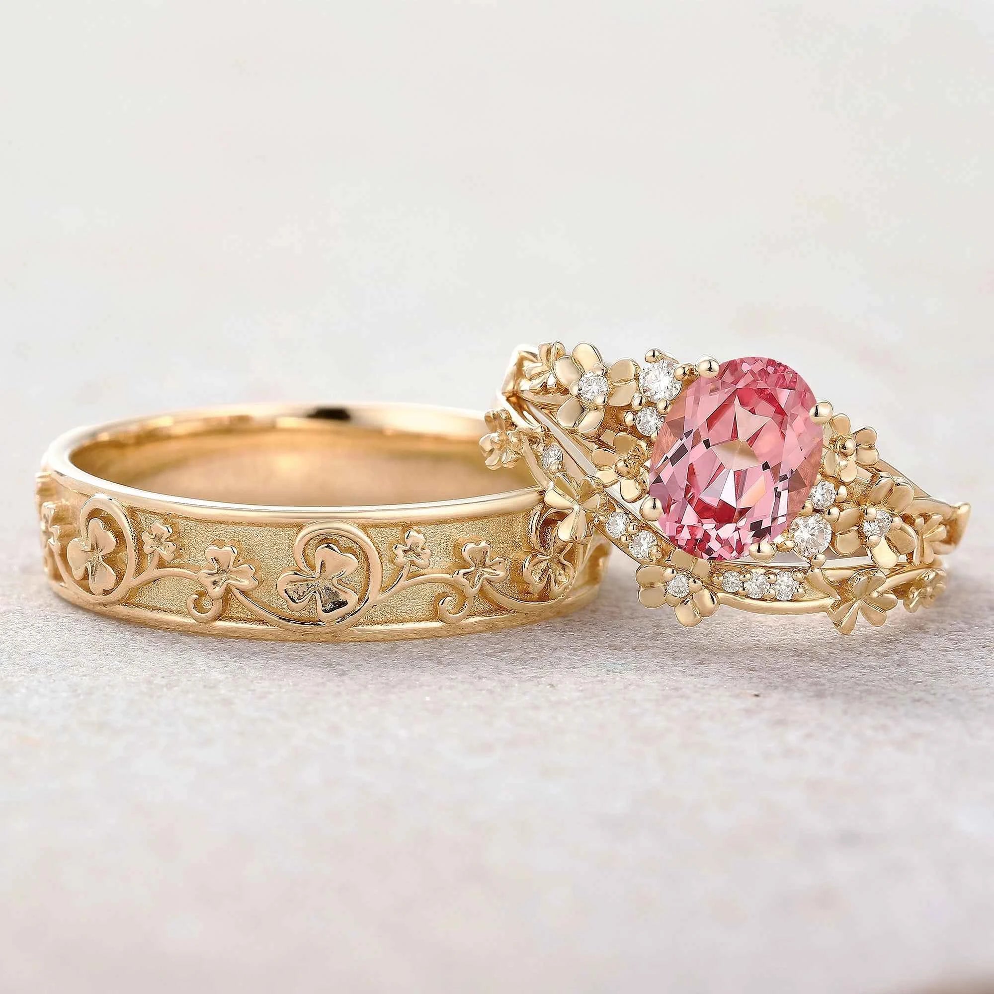 Floral Inspired | 3pcs Poppy Design Ruby Couple Rings Set