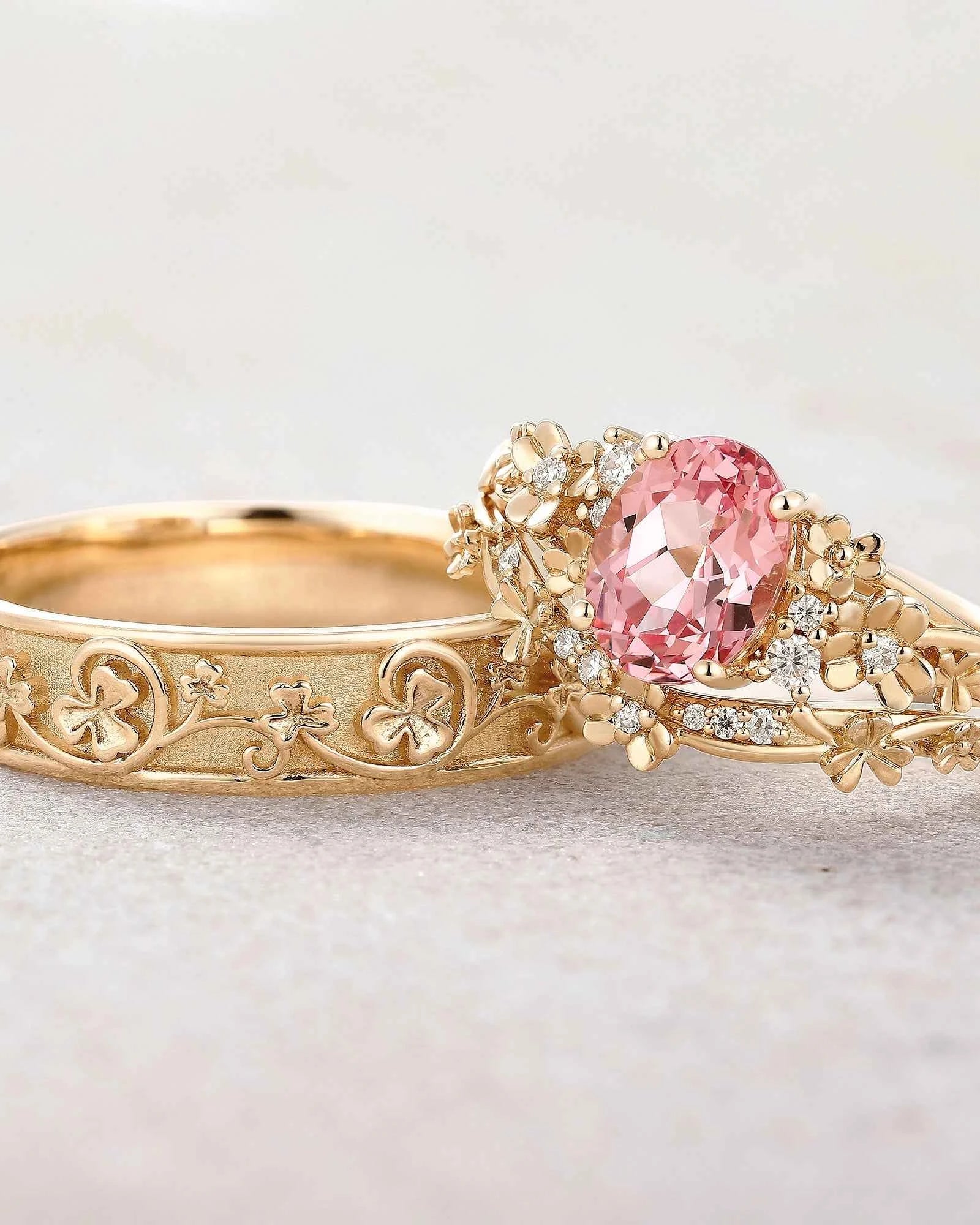 Floral Inspired | 3pcs Poppy Design Ruby Couple Rings Set