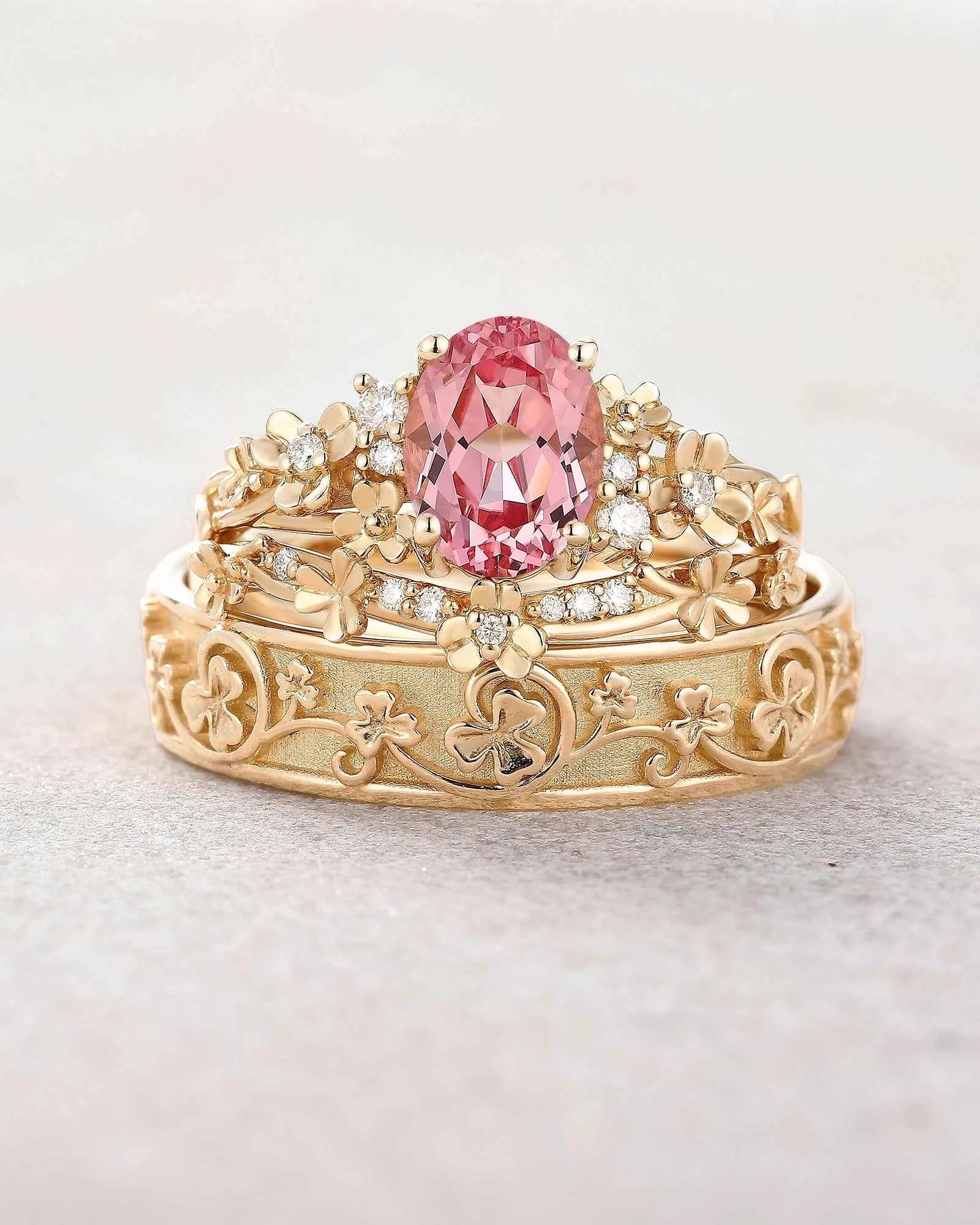 Floral Inspired | 3pcs Poppy Design Ruby Couple Rings Set