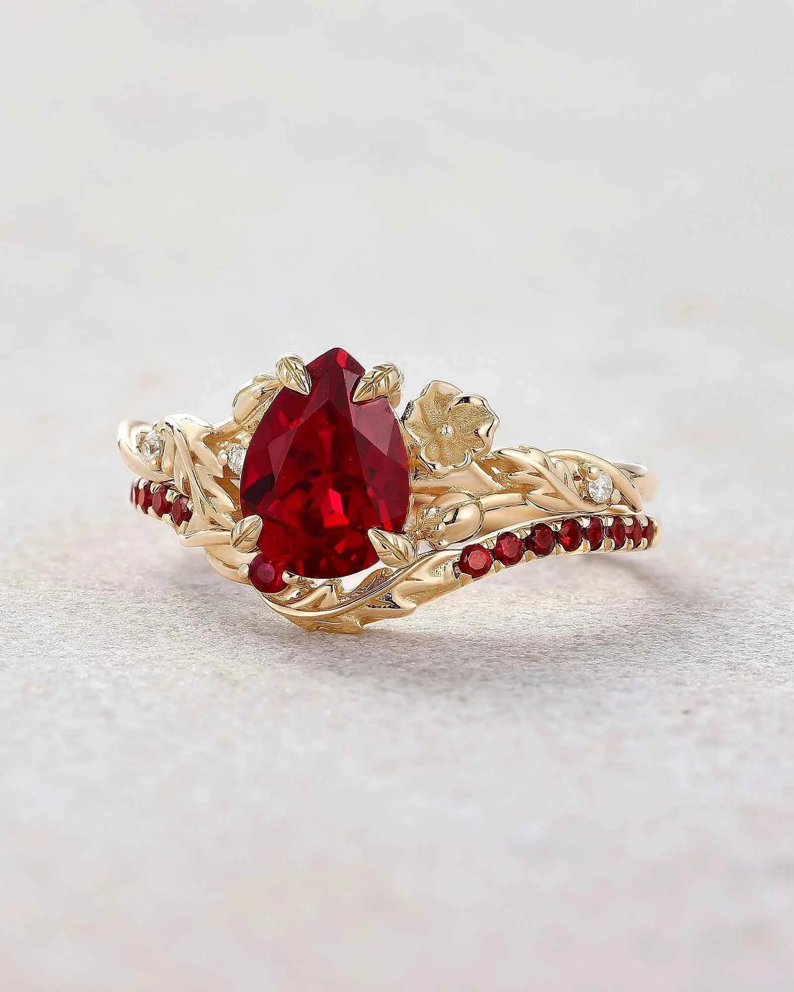 Floral Inspired | Daffodils Design Ruby Engagement Ring Set
