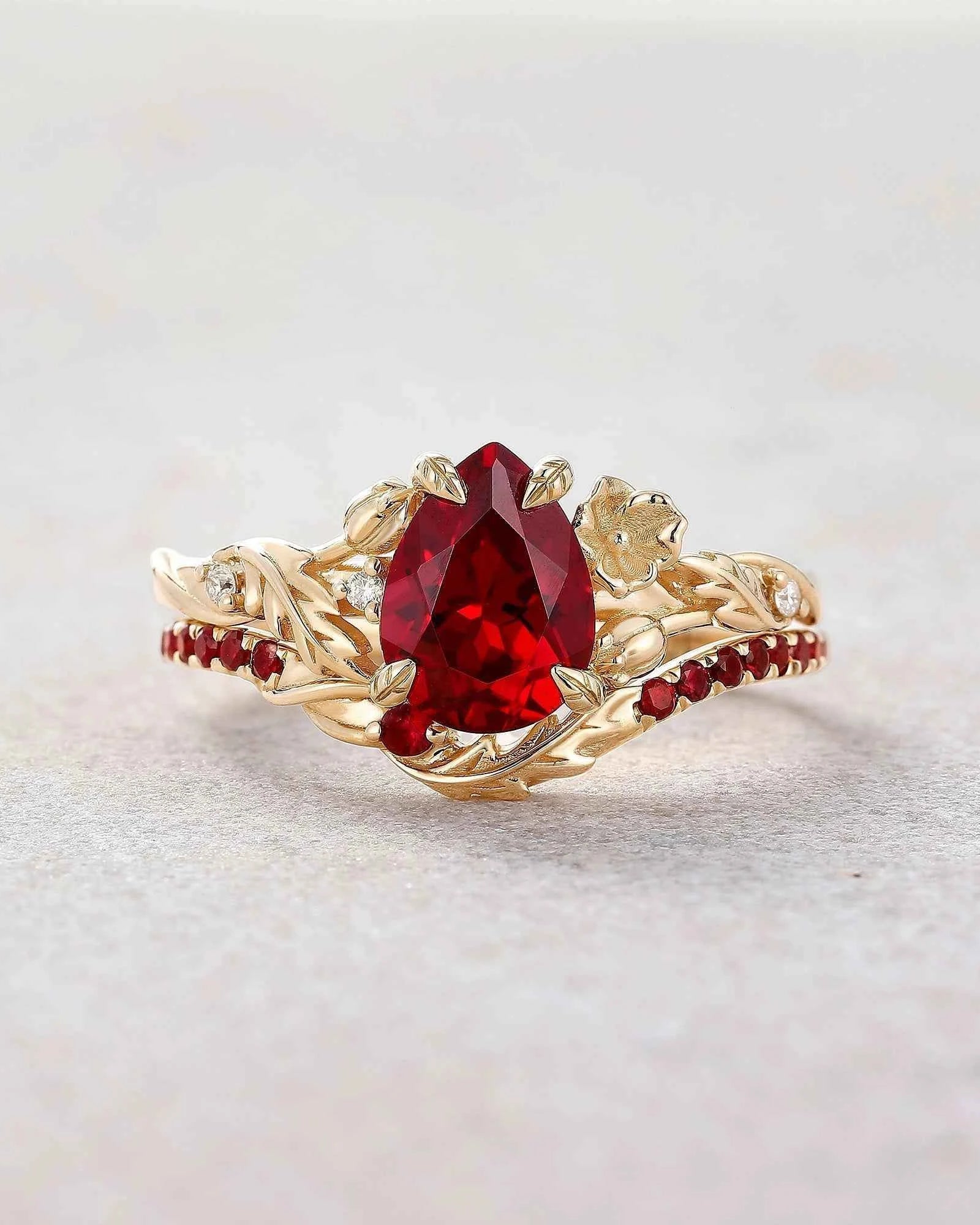 Floral Inspired | Daffodils Design Ruby Engagement Ring Set