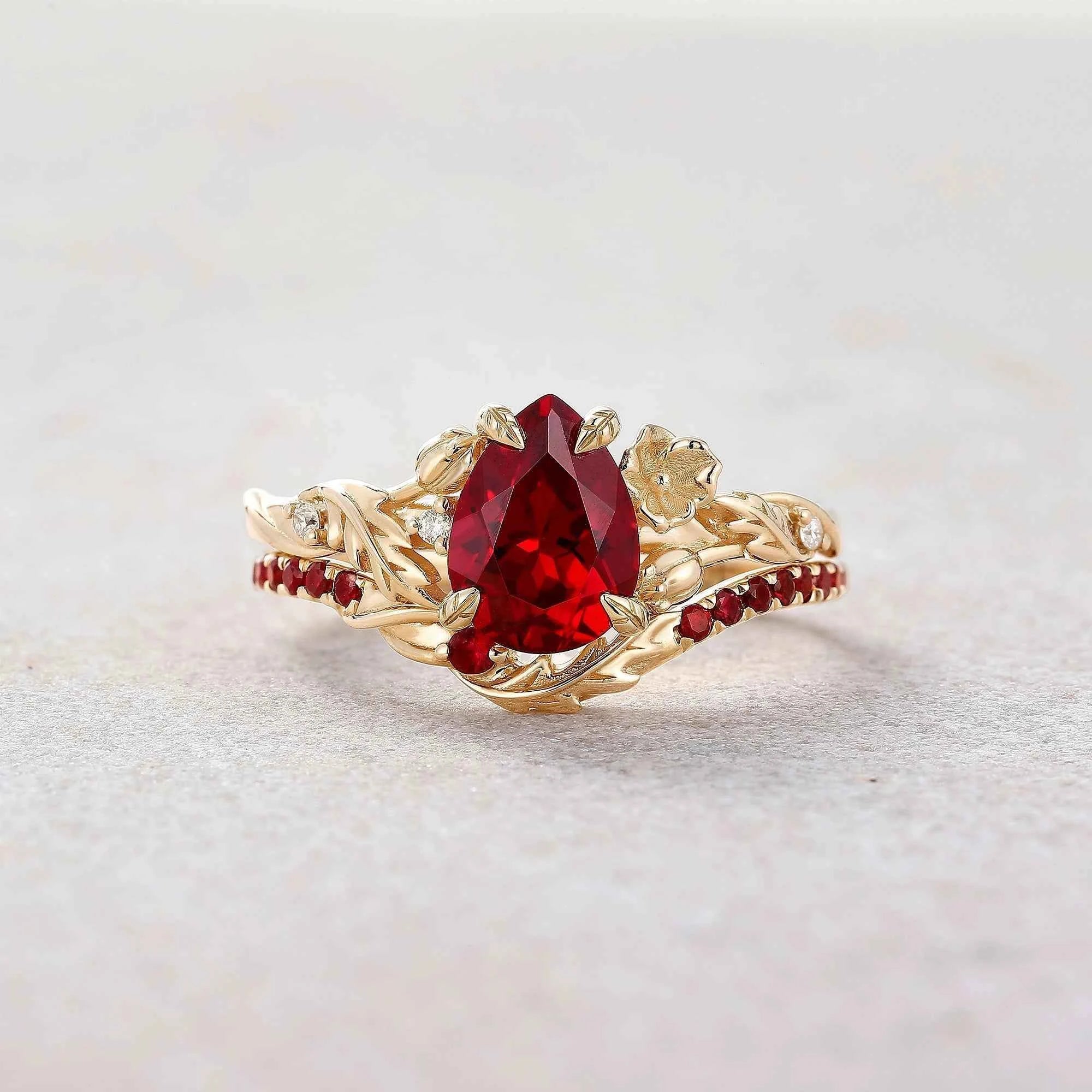 Floral Inspired | Daffodils Design Ruby Engagement Ring Set