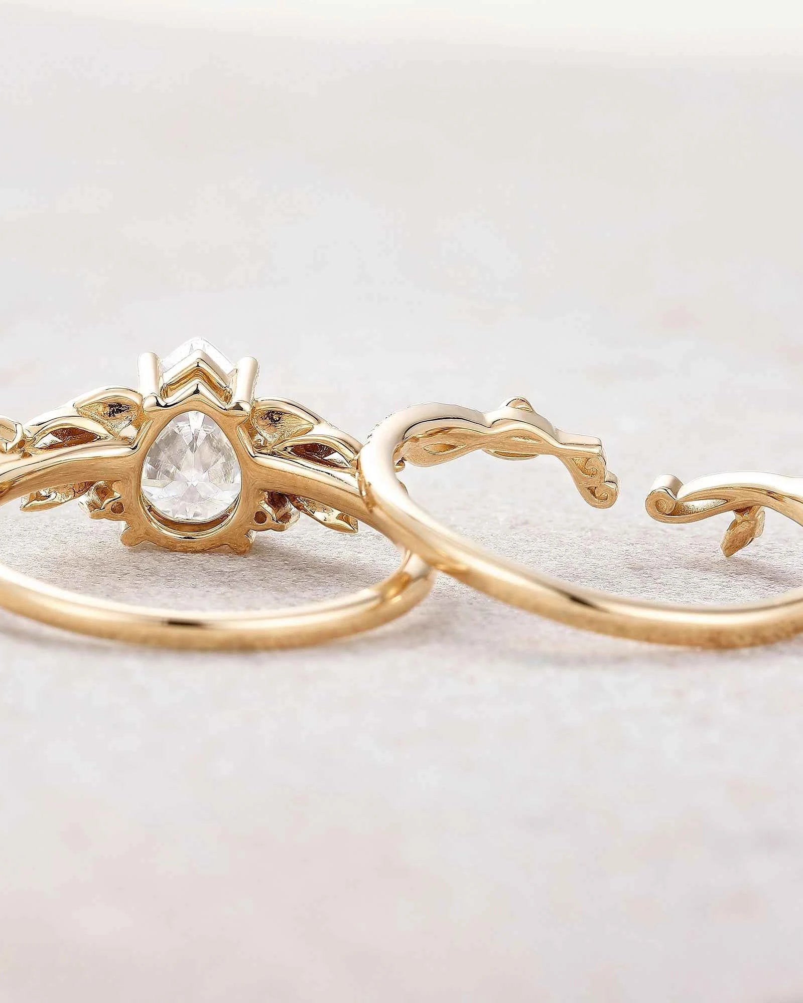 Leaf Inspired | Moning Glory Leaf Design Moissanite Engagement Ring Set