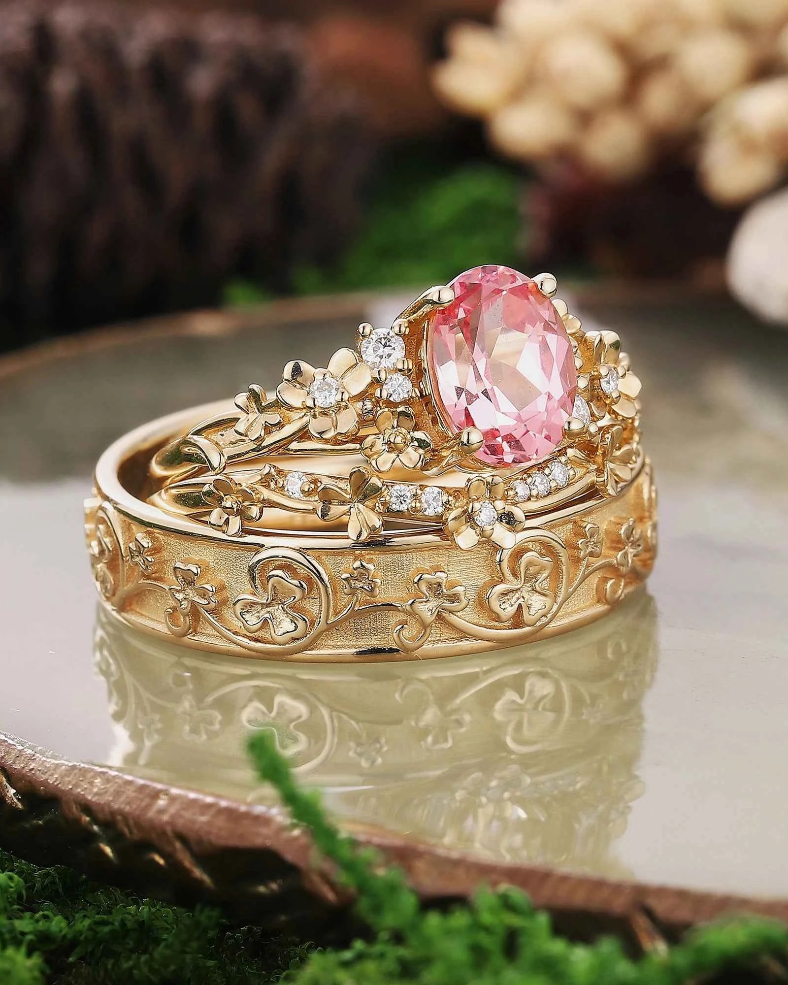 Floral Inspired | 3pcs Poppy Design Ruby Couple Rings Set