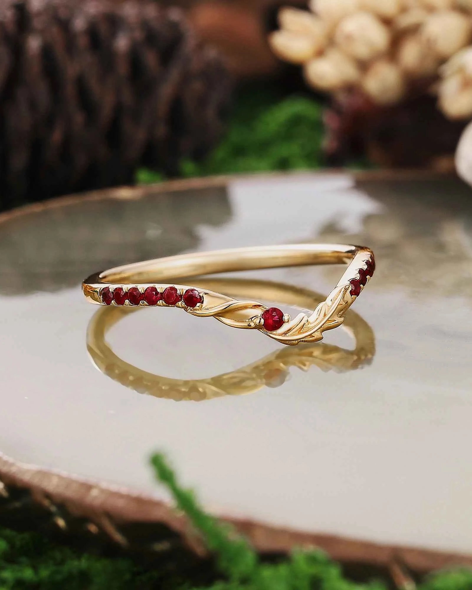 Floral Inspired | Poppy Design Moissanite Curved Wedding Band