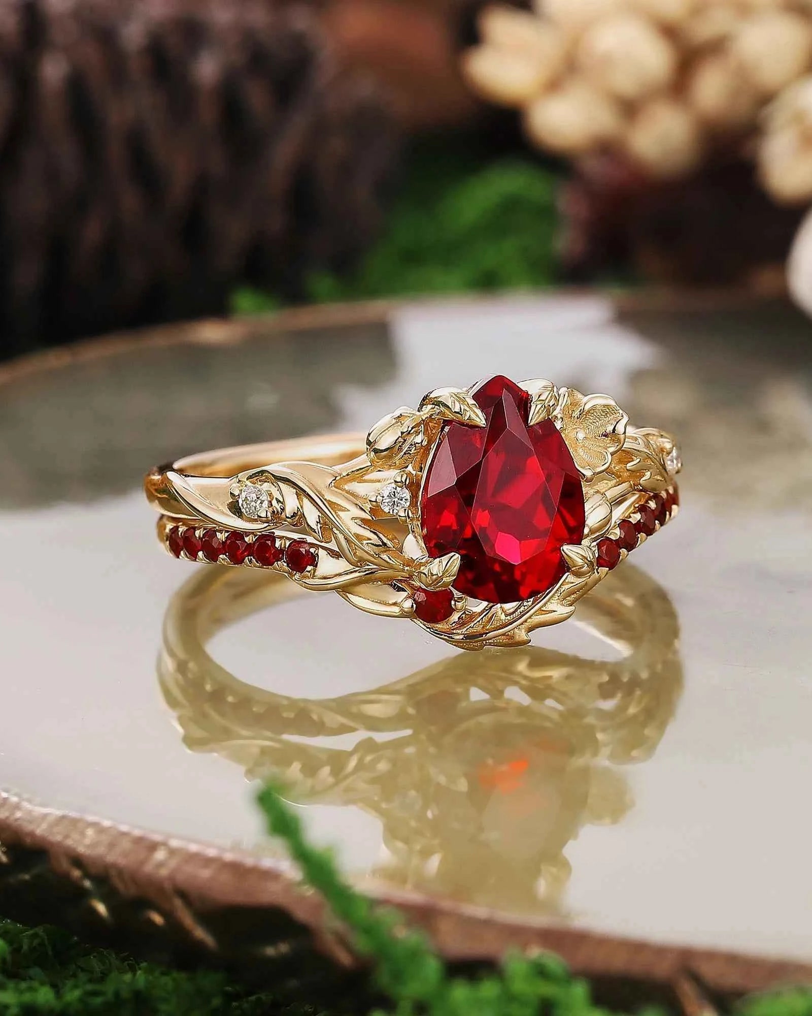 Floral Inspired | Daffodils Design Ruby Engagement Ring Set