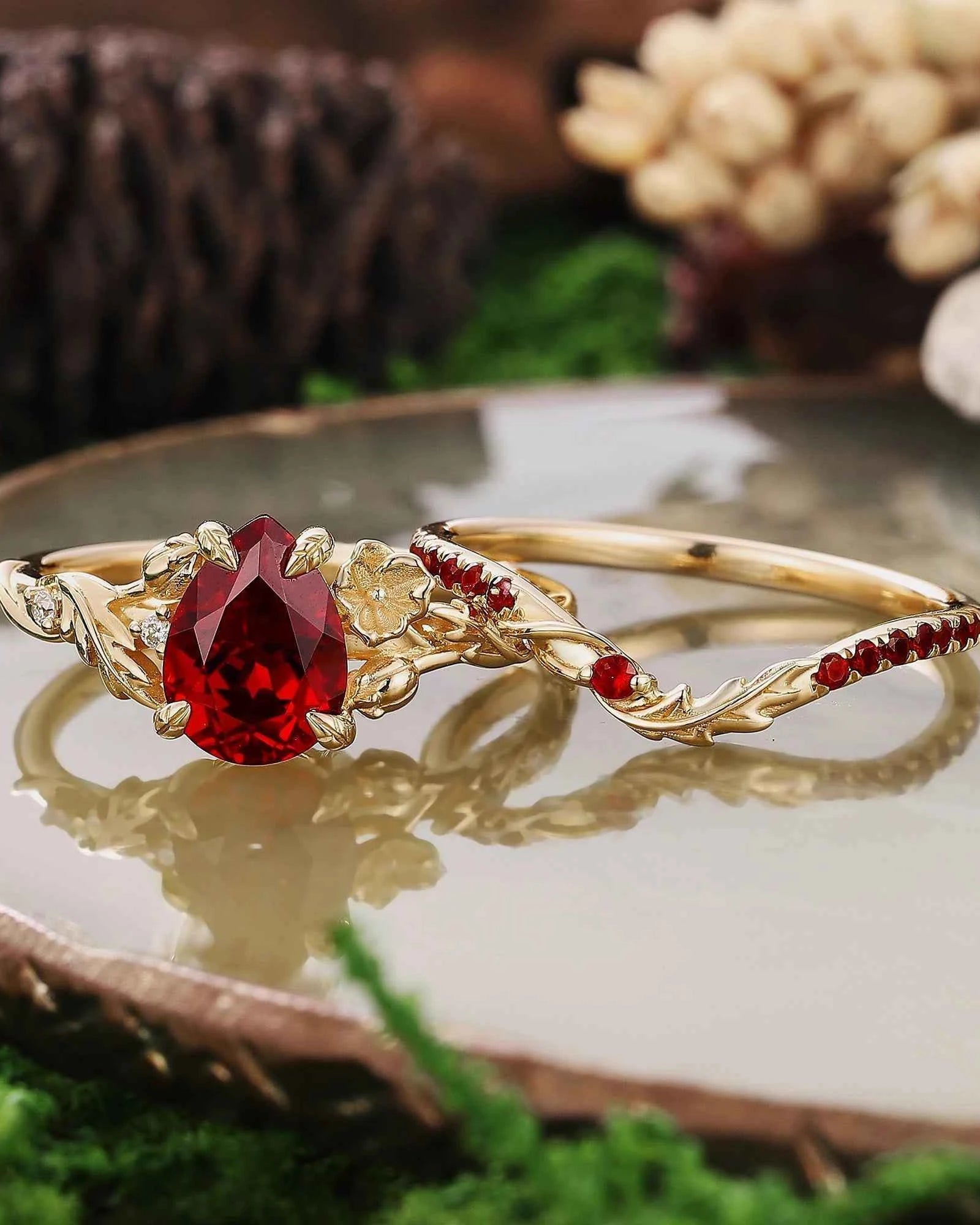 Floral Inspired | Daffodils Design Ruby Engagement Ring Set