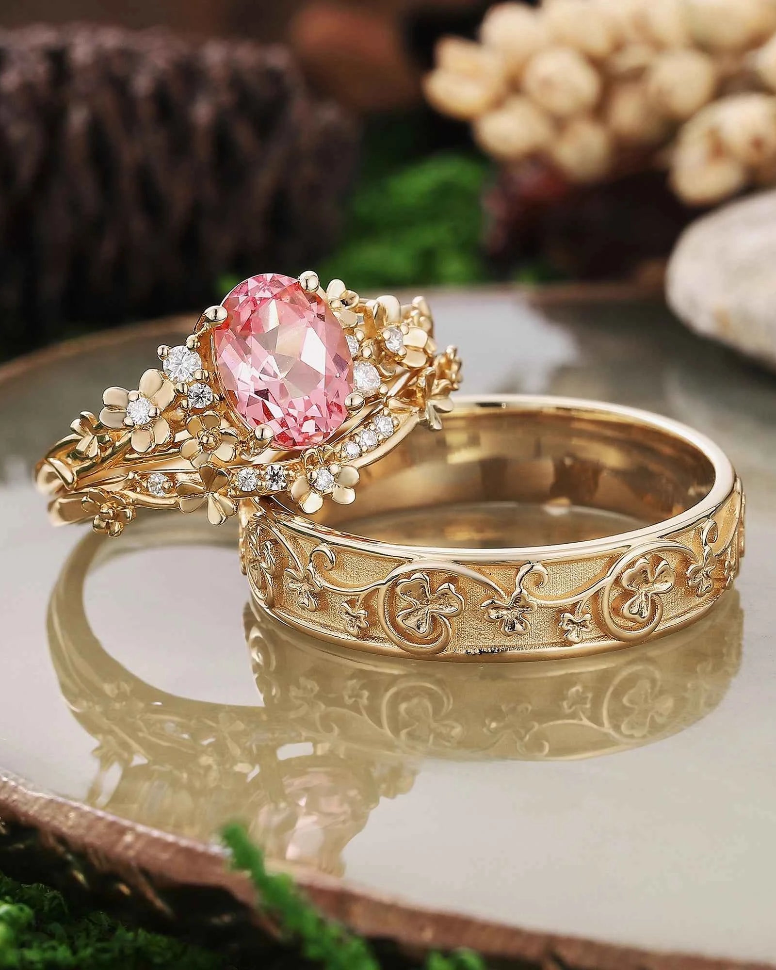 Floral Inspired | 3pcs Poppy Design Ruby Couple Rings Set