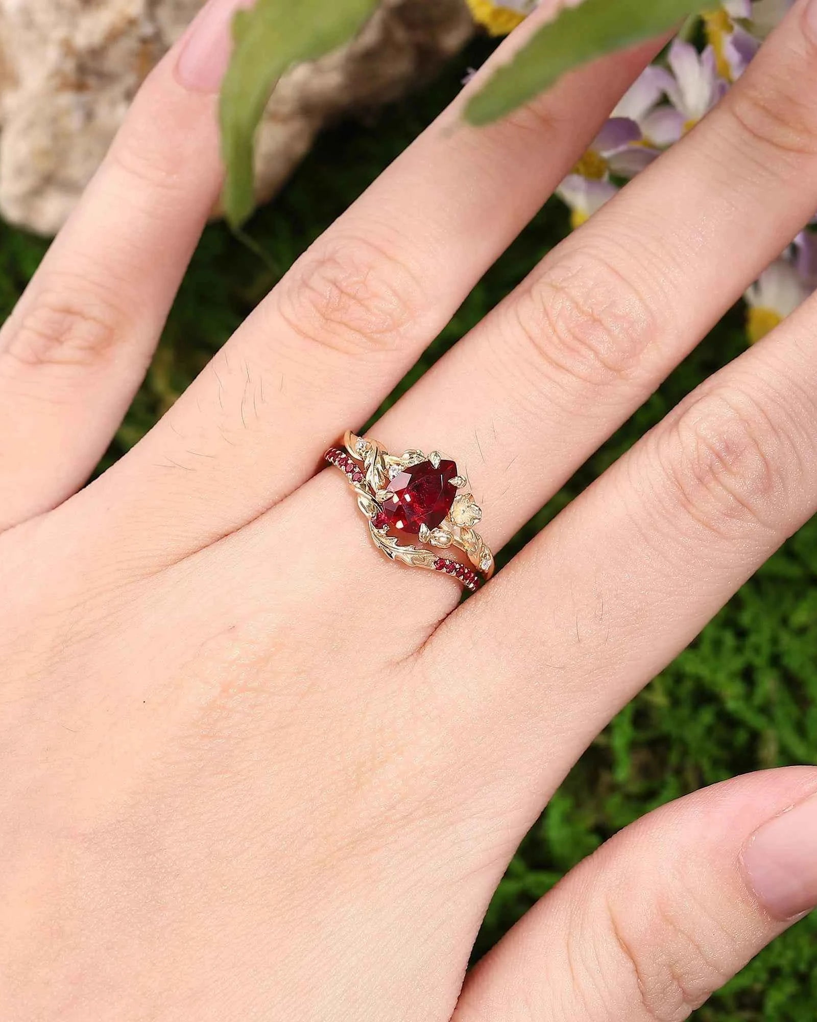 Floral Inspired | Daffodils Design Ruby Engagement Ring Set