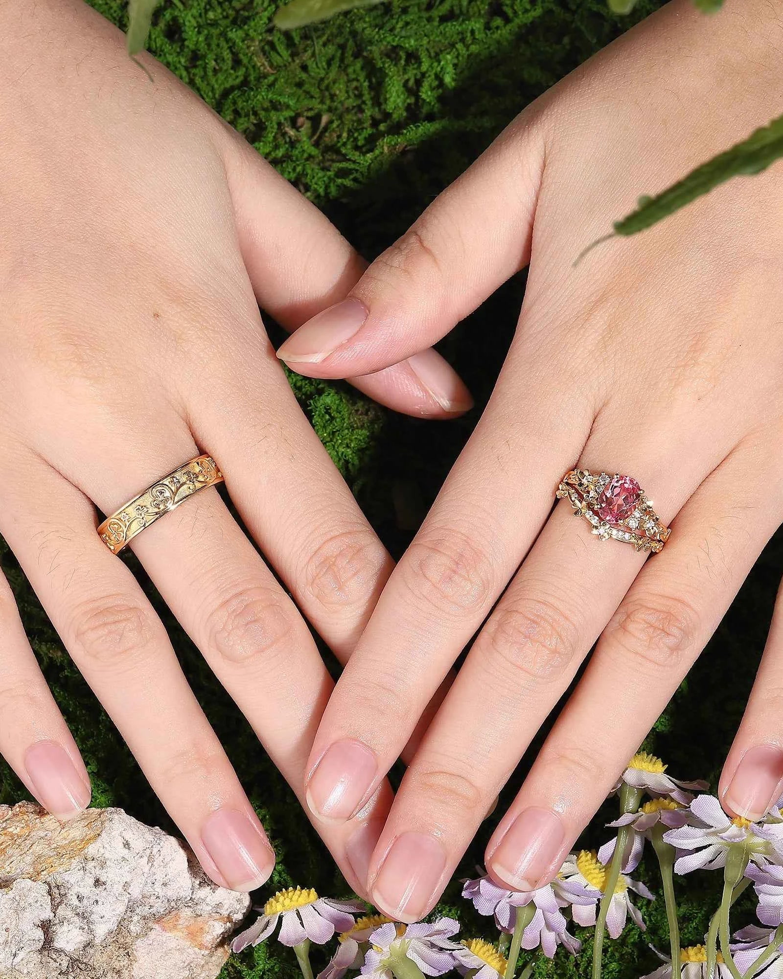 Floral Inspired | 3pcs Poppy Design Ruby Couple Rings Set