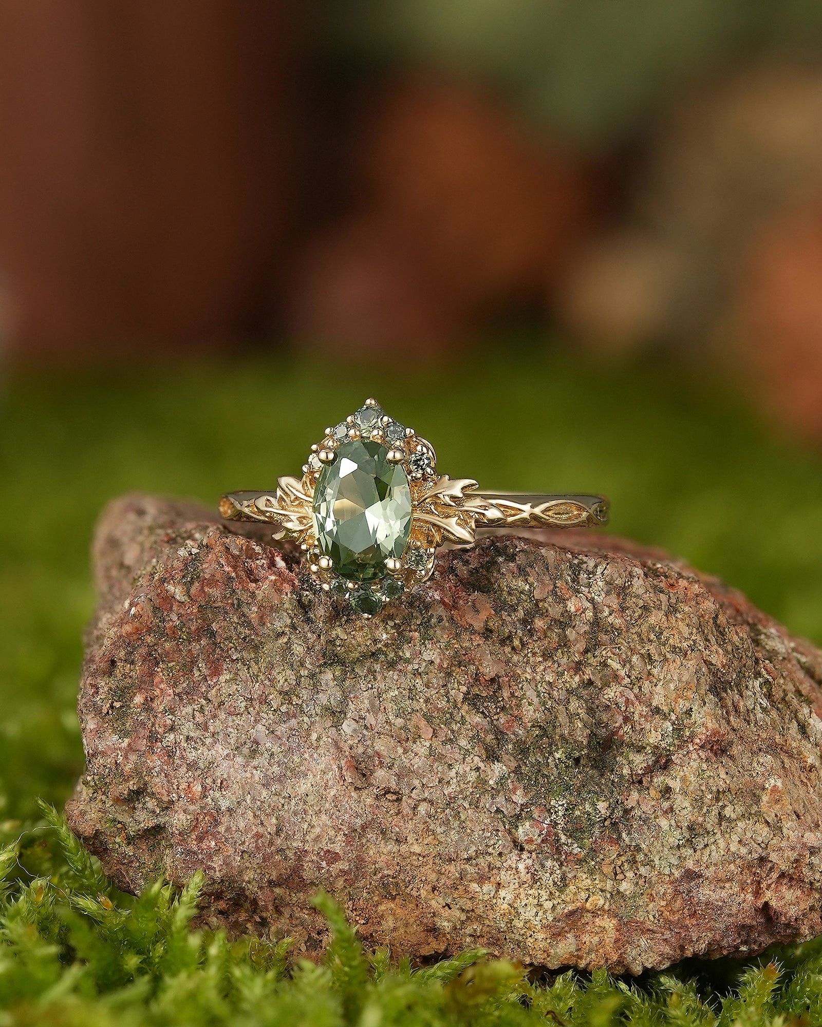 LCCjewelry | Yellow Gold Olive Green Sapphire Leaf Engagement Ring - LCCjewelry