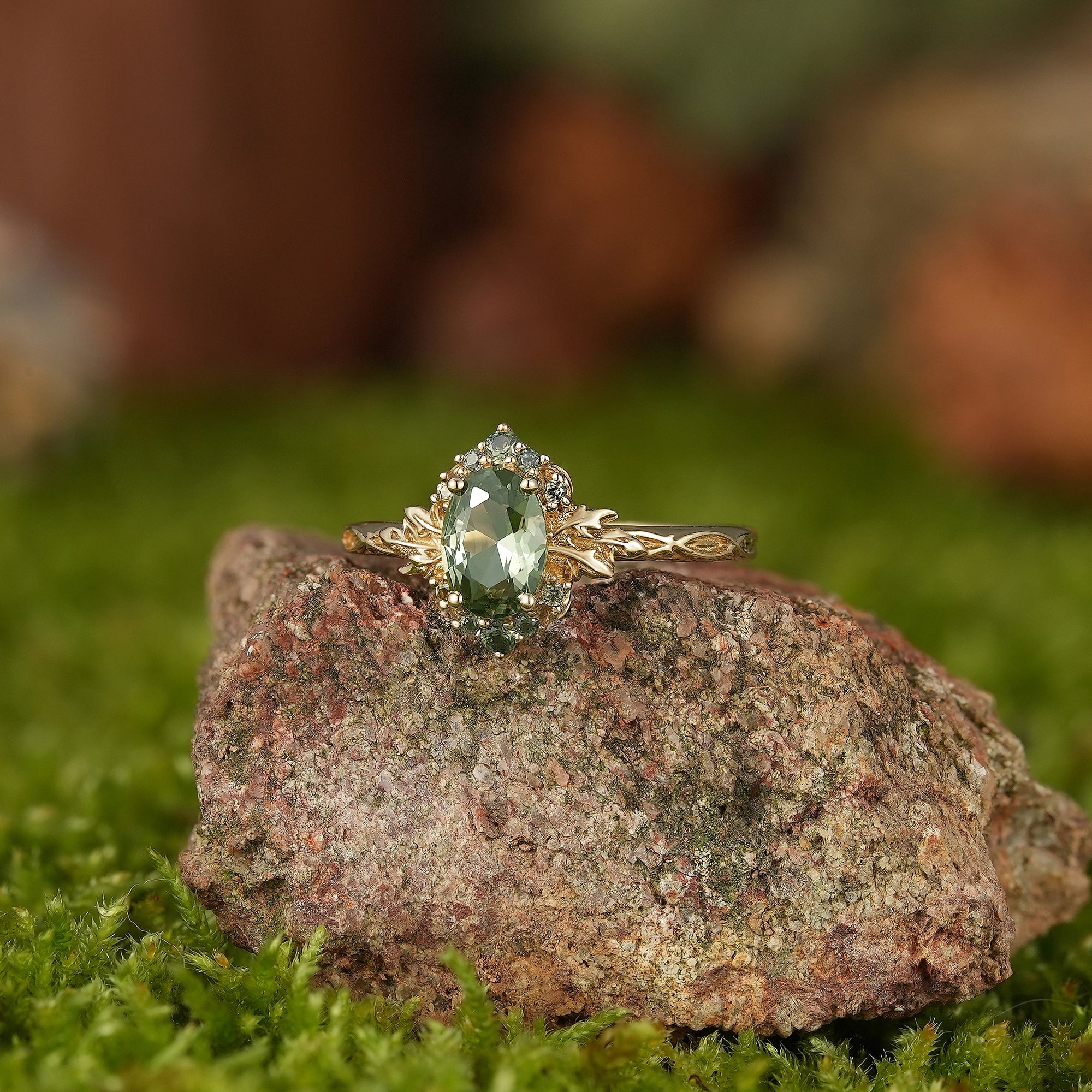 LCCjewelry | Yellow Gold Olive Green Sapphire Leaf Engagement Ring - LCCjewelry