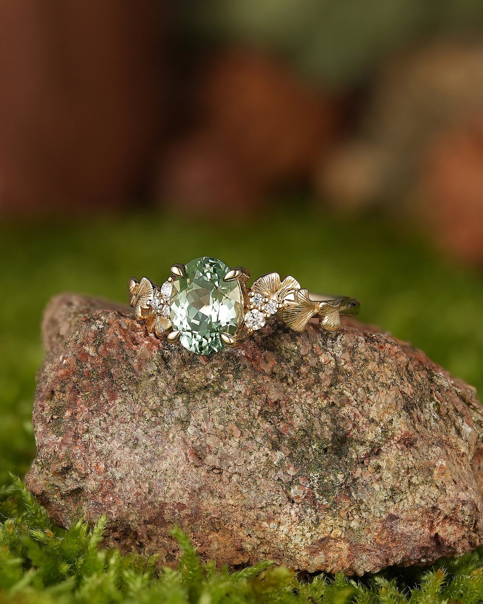 LCCjewelry | Yellow Gold Ginkgo Leaf Design Olive Green Sapphire Engagement Ring - LCCjewelry