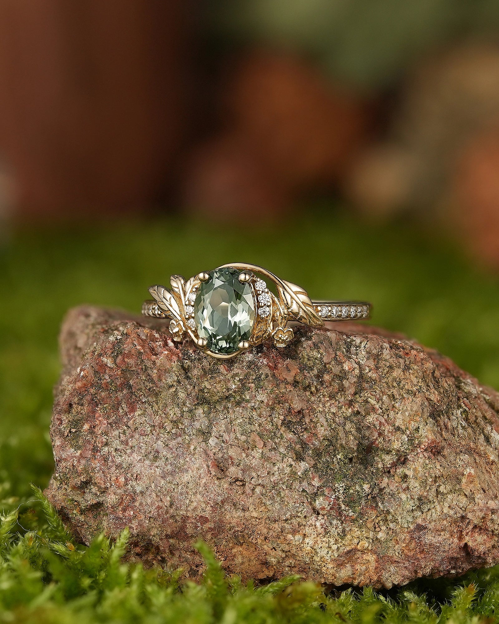 LCCjewelry | Unique Olive Green Sapphire Leaf Flower Engagement Ring - LCCjewelry
