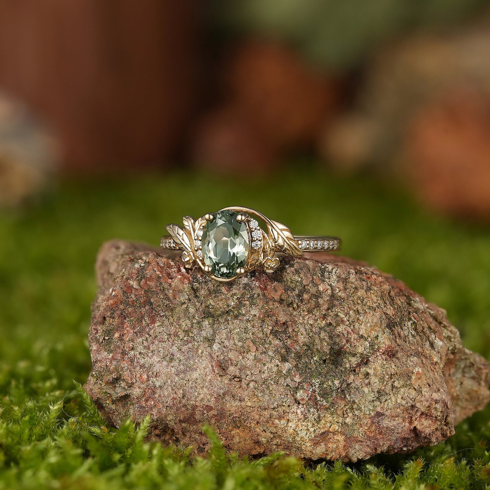 LCCjewelry | Unique Olive Green Sapphire Leaf Flower Engagement Ring - LCCjewelry