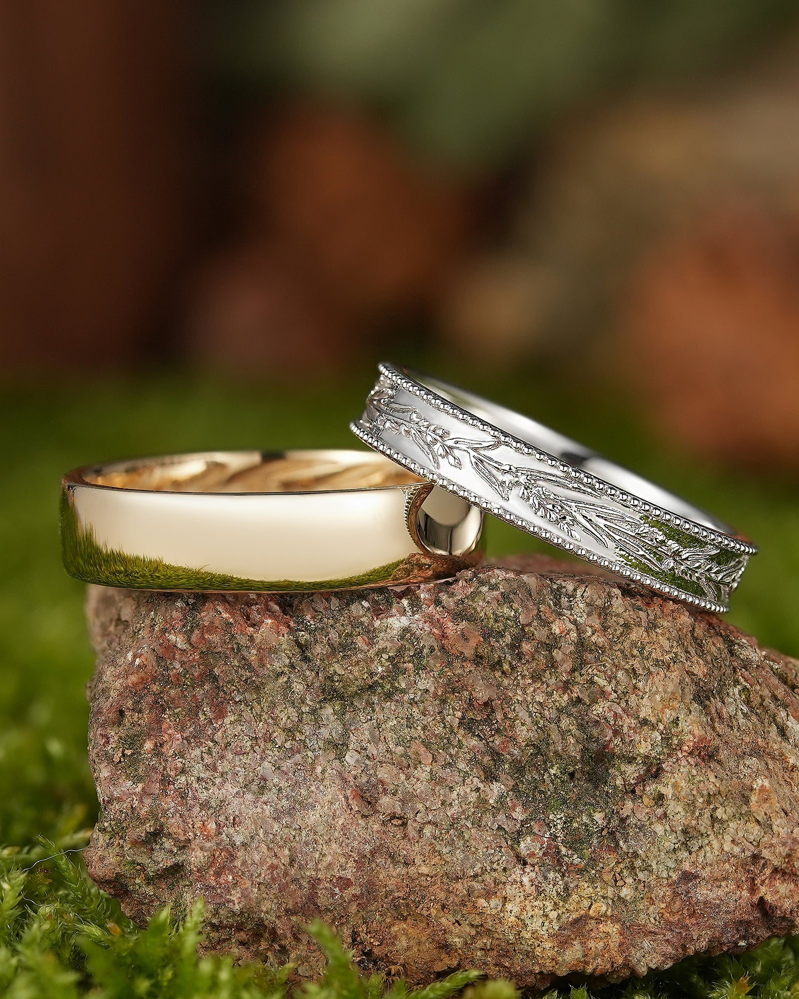 Nature Inspired Lavender Flower Couple Rings Engraved His & Hers Gold Rings - LCCjewelry