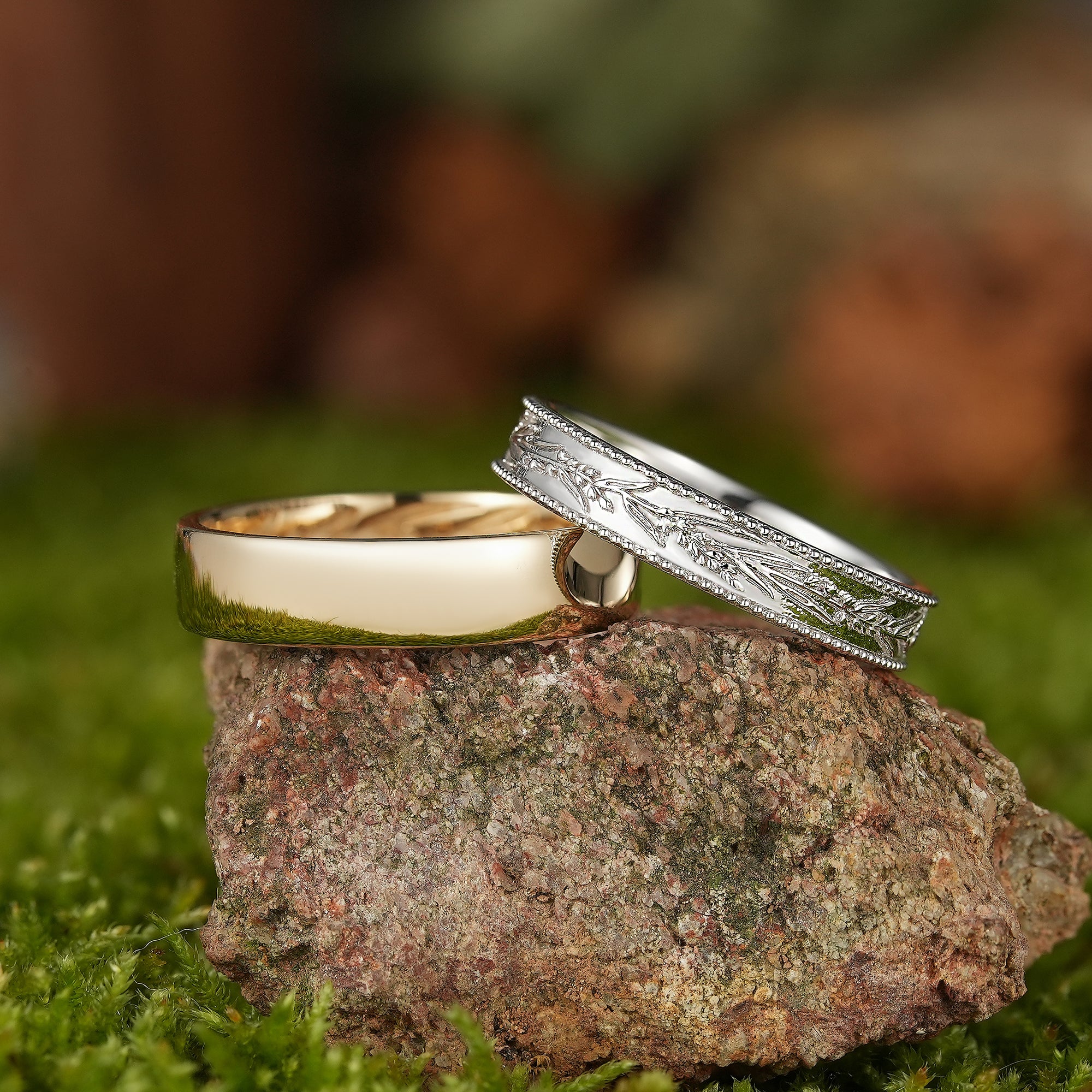 Nature Inspired Lavender Flower Couple Rings Engraved His & Hers Gold Rings - LCCjewelry