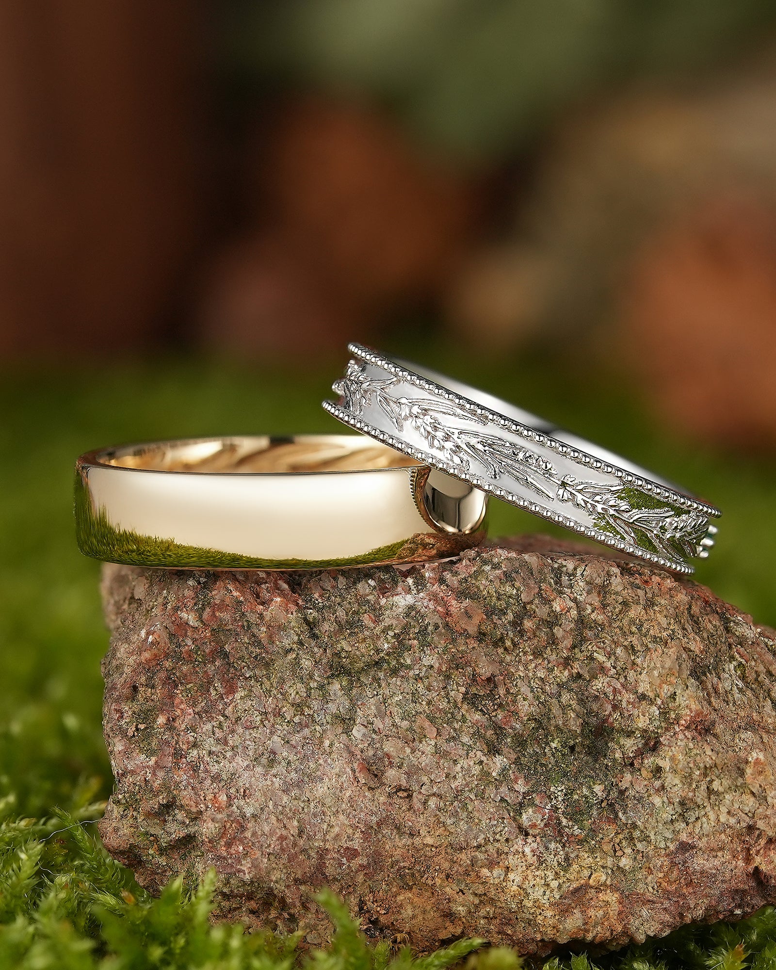 Nature Inspired Lavender Flower Couple Rings Engraved His & Hers Gold Rings - LCCjewelry