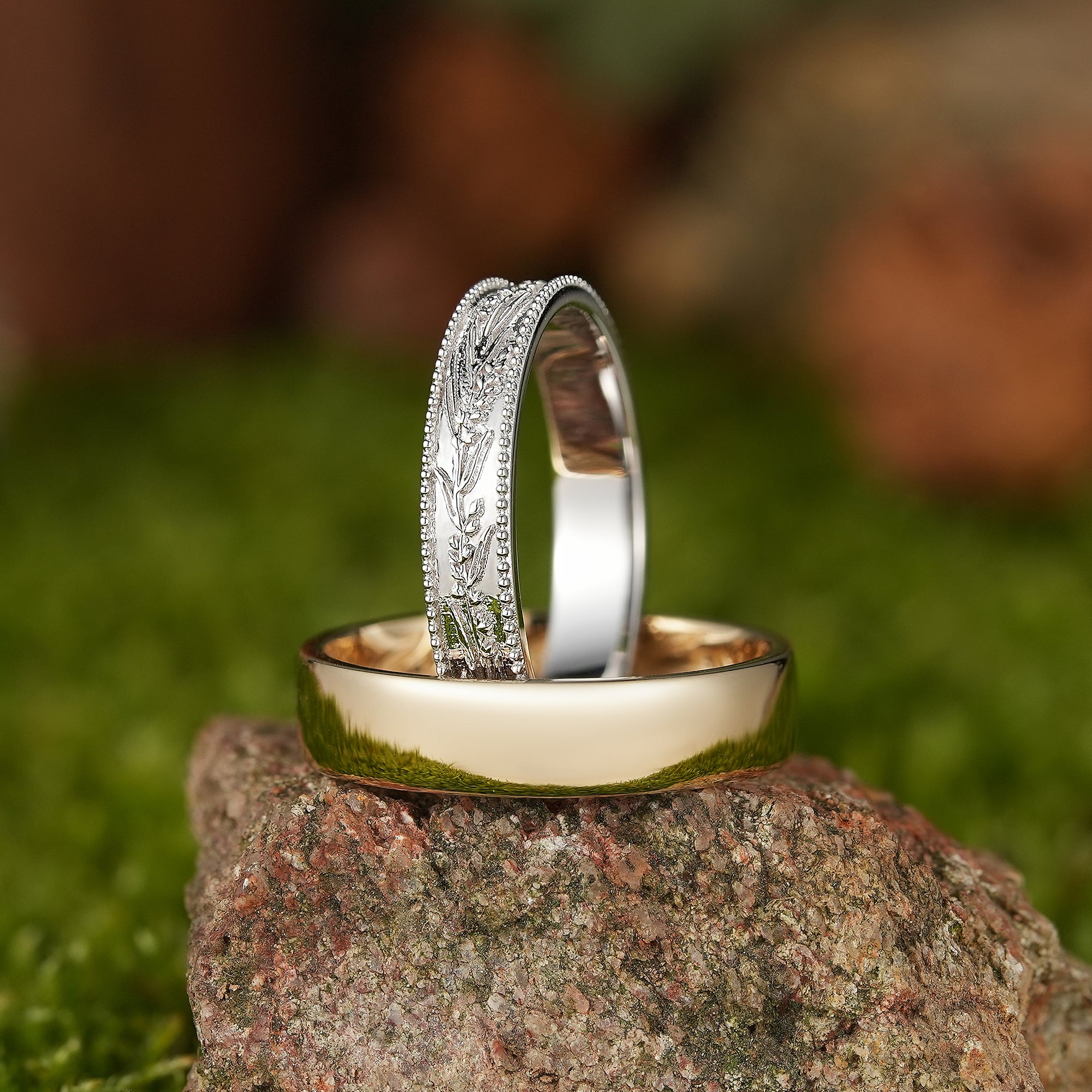 Nature Inspired Lavender Flower Couple Rings Engraved His & Hers Gold Rings - LCCjewelry