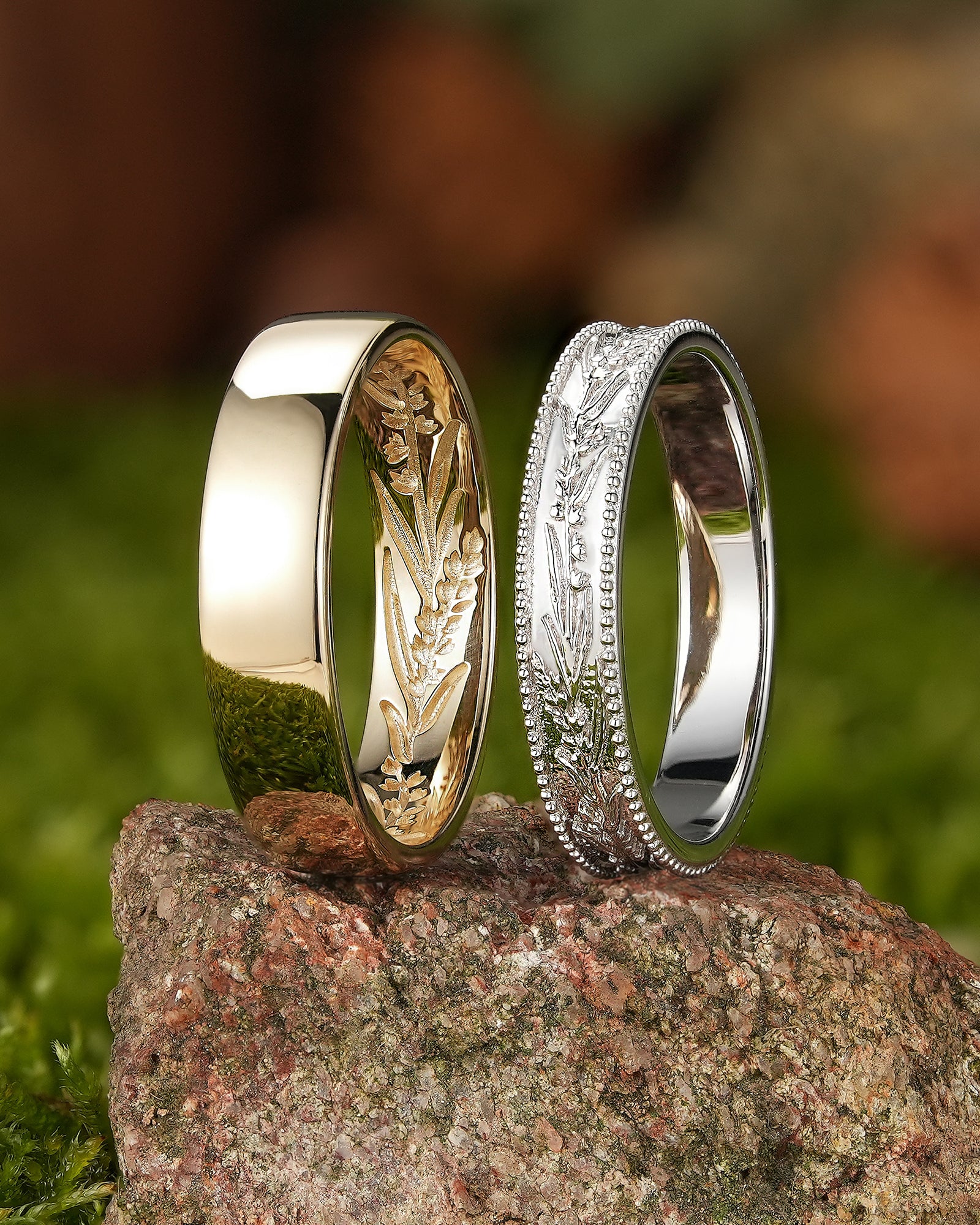 Nature Inspired Lavender Flower Couple Rings Engraved His & Hers Gold Rings - LCCjewelry
