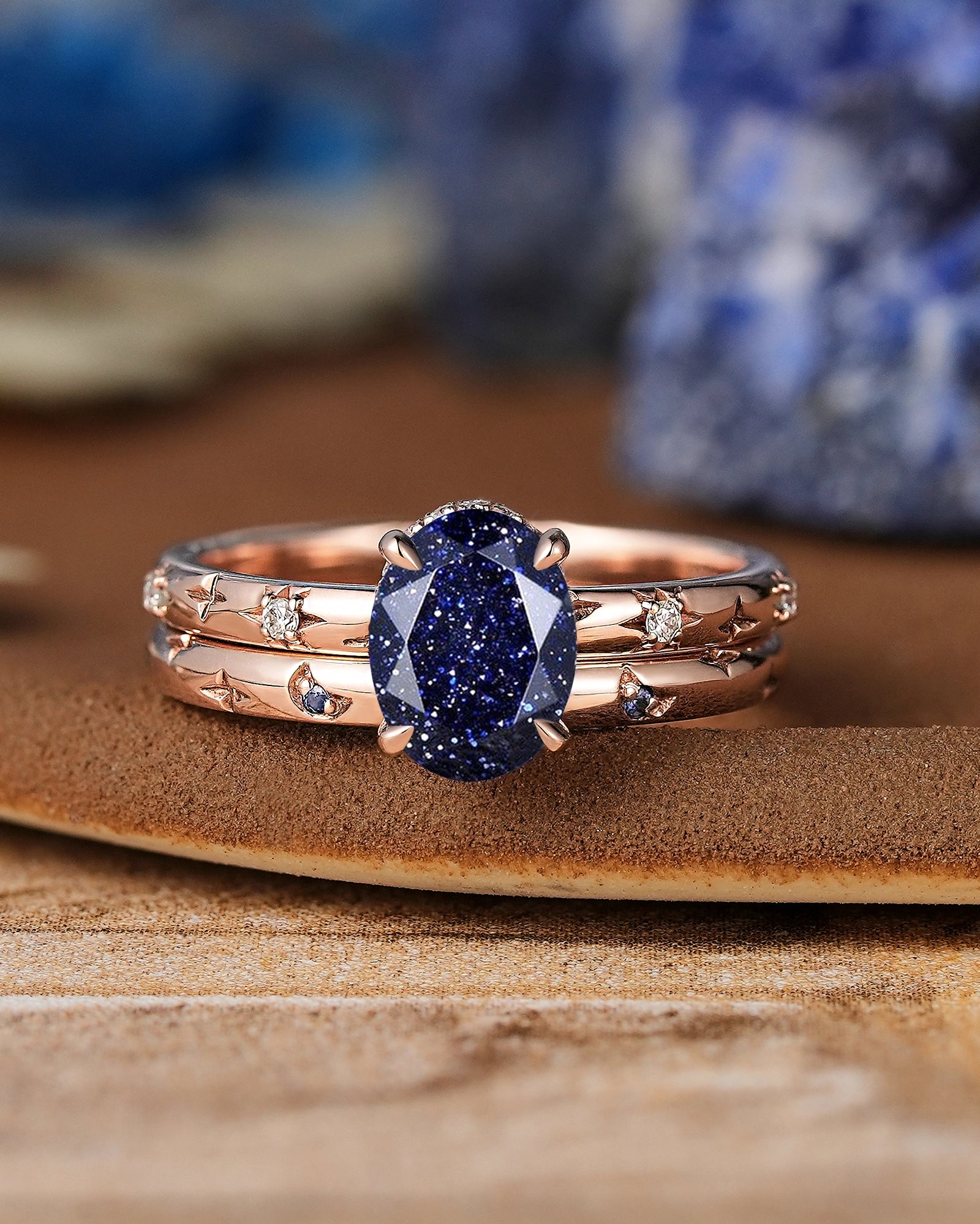 Star Inspired | Sandstone Star Engagement Ring Set Rose Gold Wedding Rings For Women - LCCjewelry