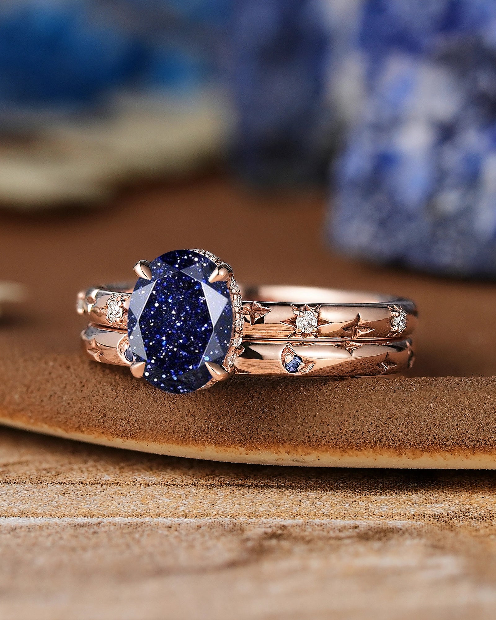 Star Inspired | Sandstone Star Engagement Ring Set Rose Gold Wedding Rings For Women - LCCjewelry