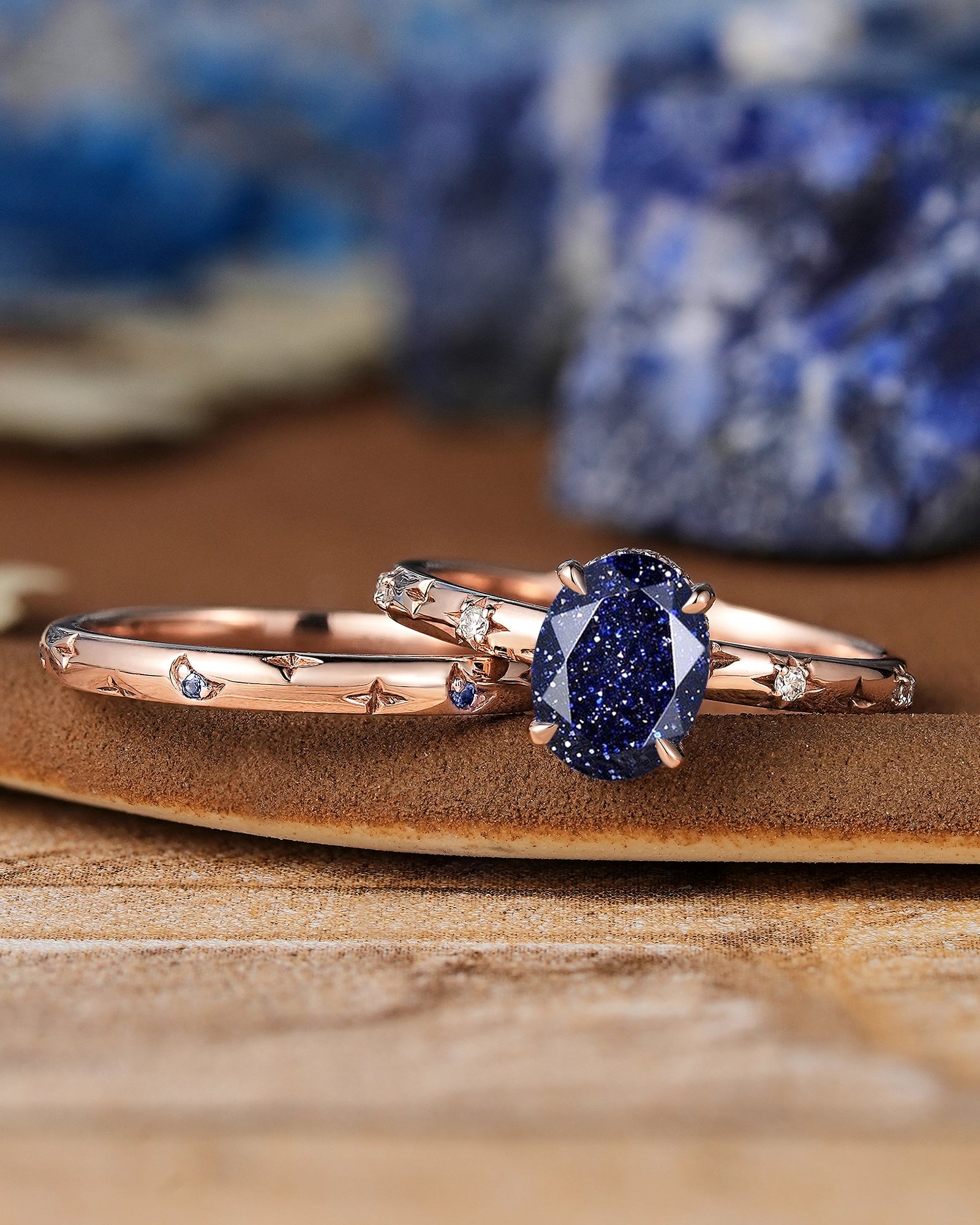 Star Inspired | Sandstone Star Engagement Ring Set Rose Gold Wedding Rings For Women - LCCjewelry