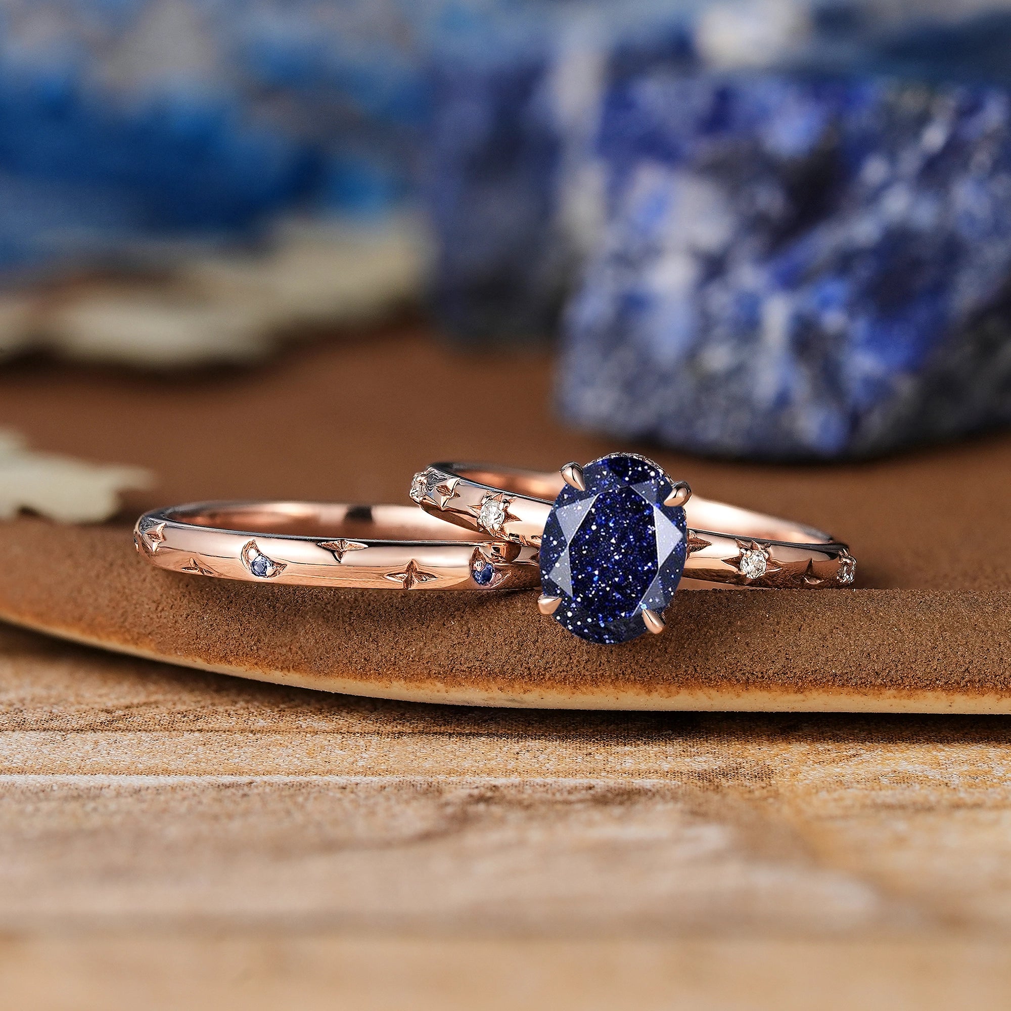 Star Inspired | Sandstone Star Engagement Ring Set Rose Gold Wedding Rings For Women - LCCjewelry