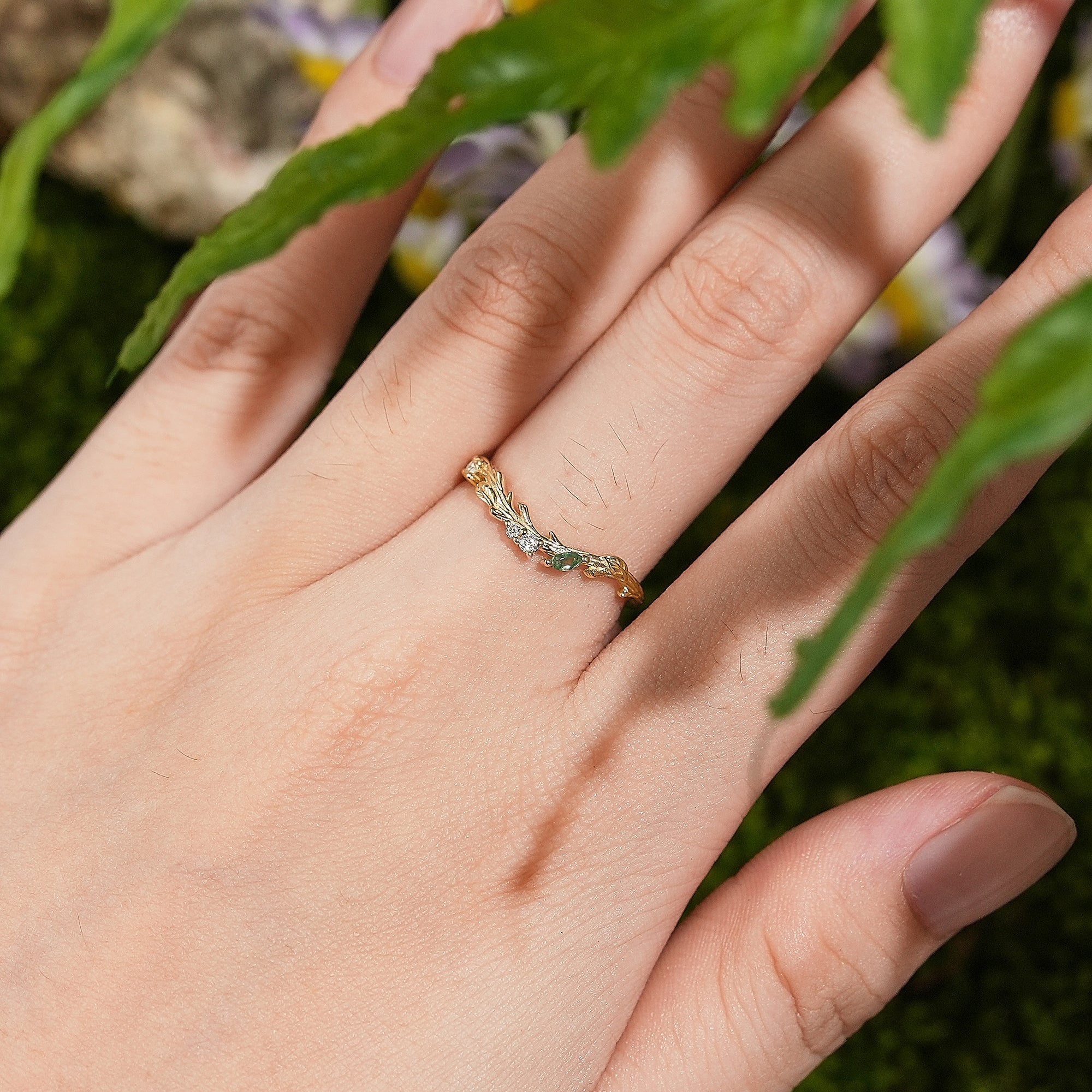 Unique Gold Leaf Curved Wedding Band with Moss Agate - LCCjewelry