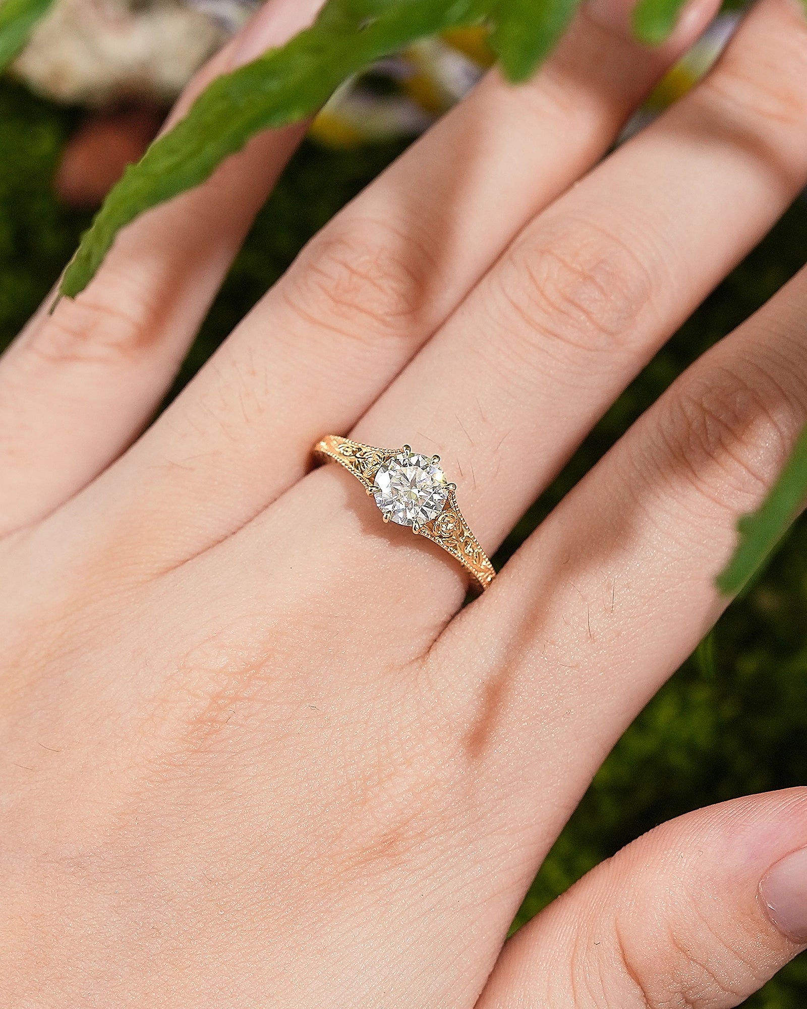 LCCjewelry | Moissanite Engagement Ring Handmade Engraved Flower Wedding Ring - LCCjewelry