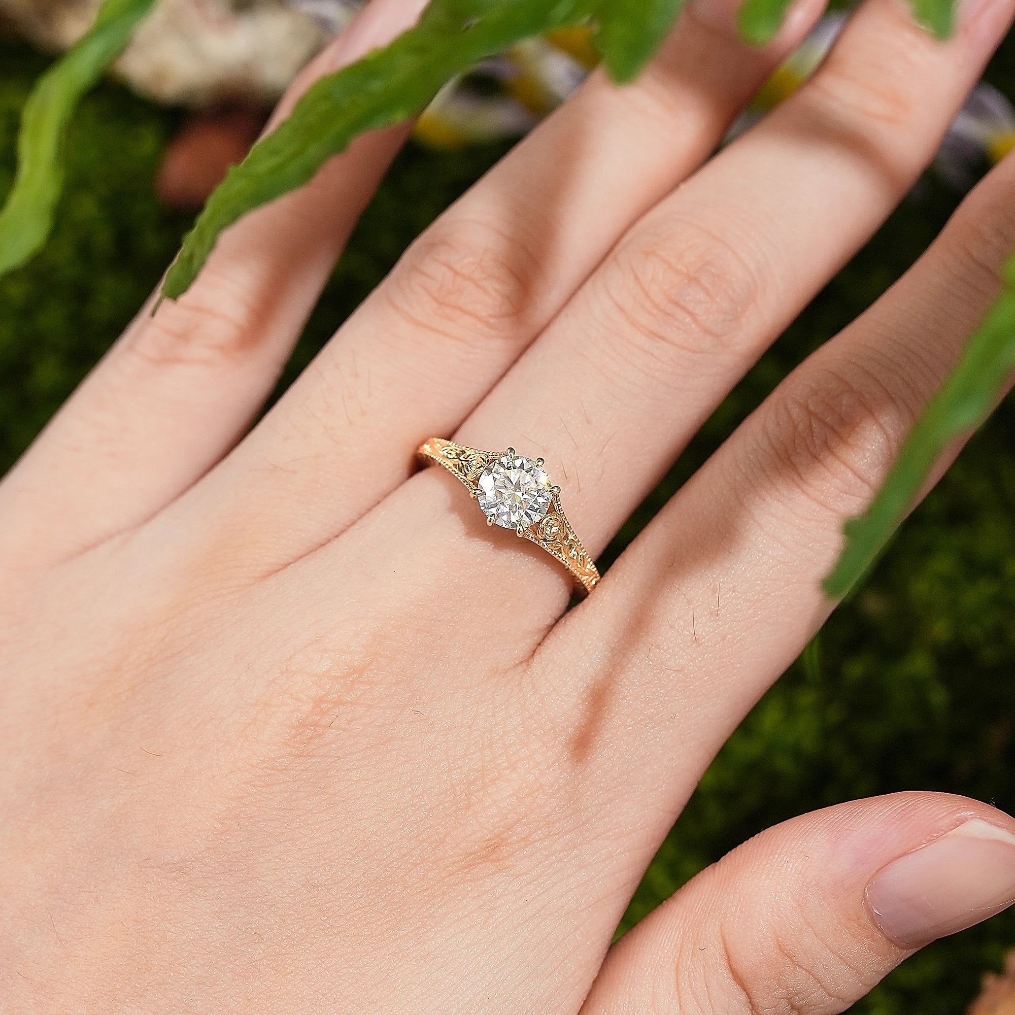 LCCjewelry | Moissanite Engagement Ring Handmade Engraved Flower Wedding Ring - LCCjewelry