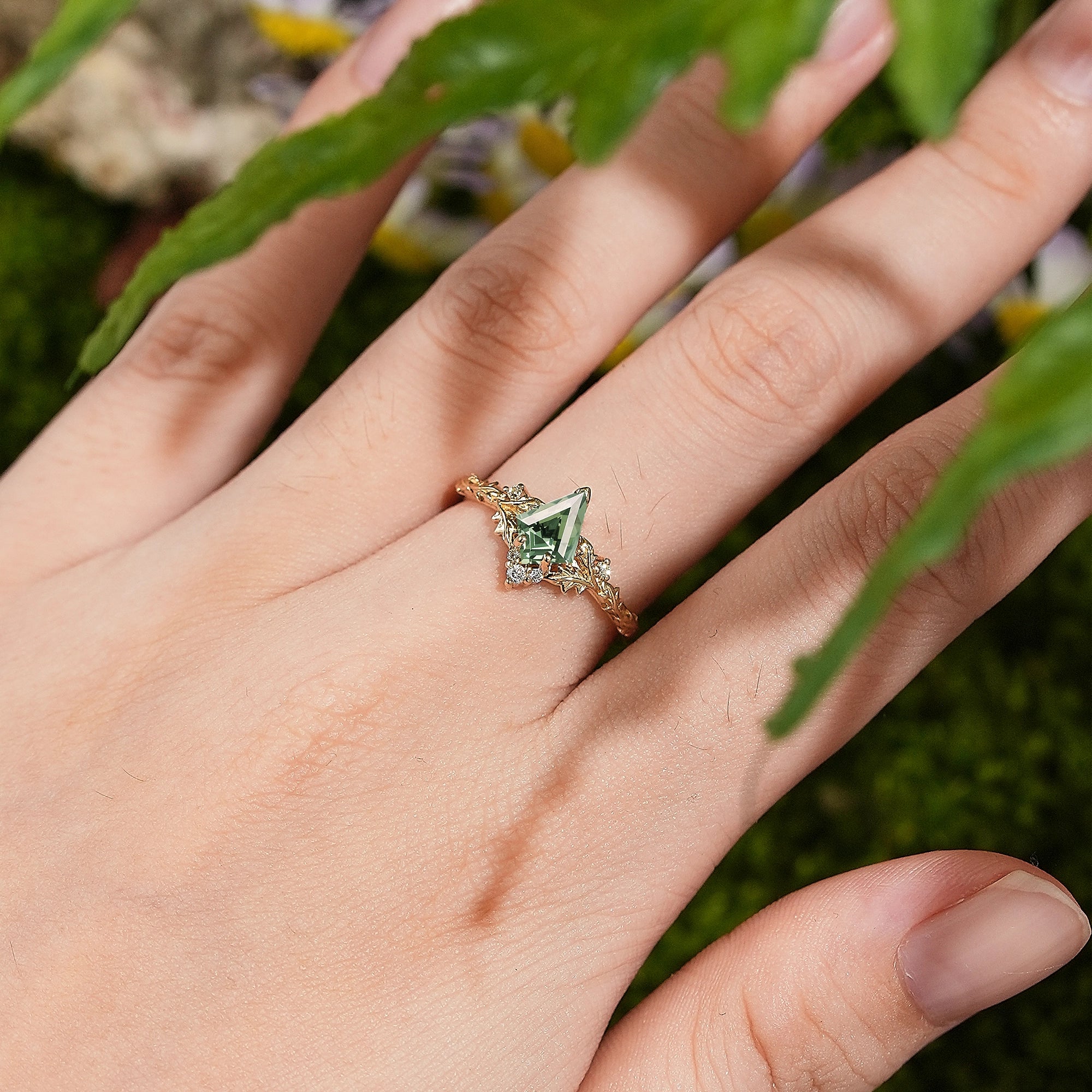 LCCjewelry | Unique Kite Cut Olive Green Sapphire Leaf Engagement Ring - LCCjewelry