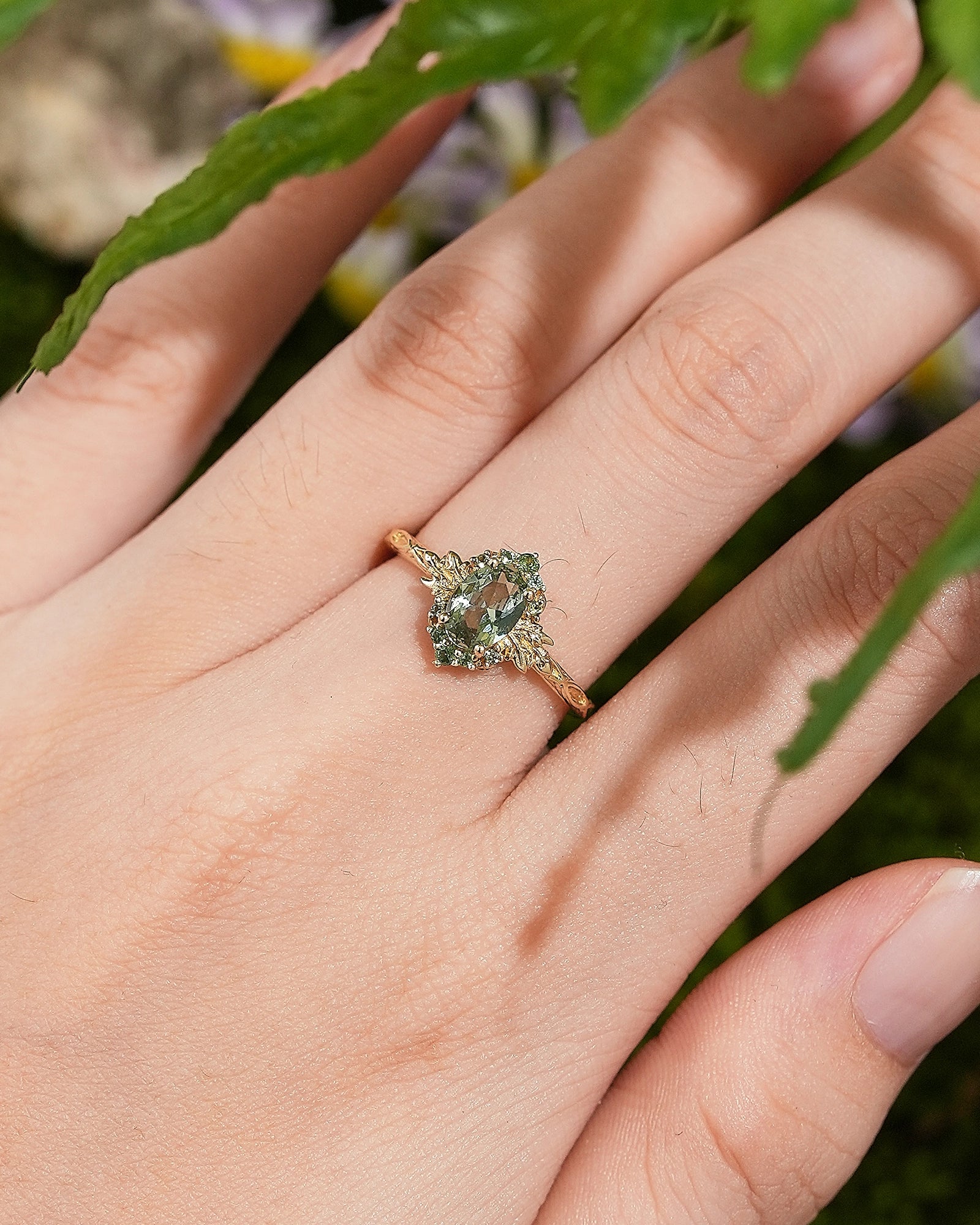 LCCjewelry | Yellow Gold Olive Green Sapphire Leaf Engagement Ring - LCCjewelry